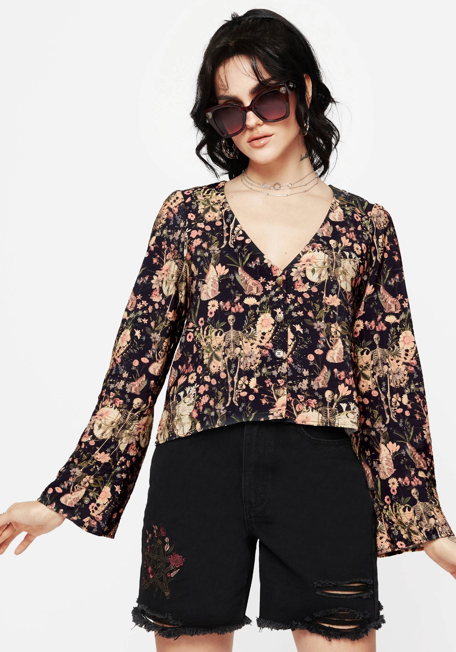 Floral Print Button Up Blouse with V-Neck & Long Sleeves | Pixie
