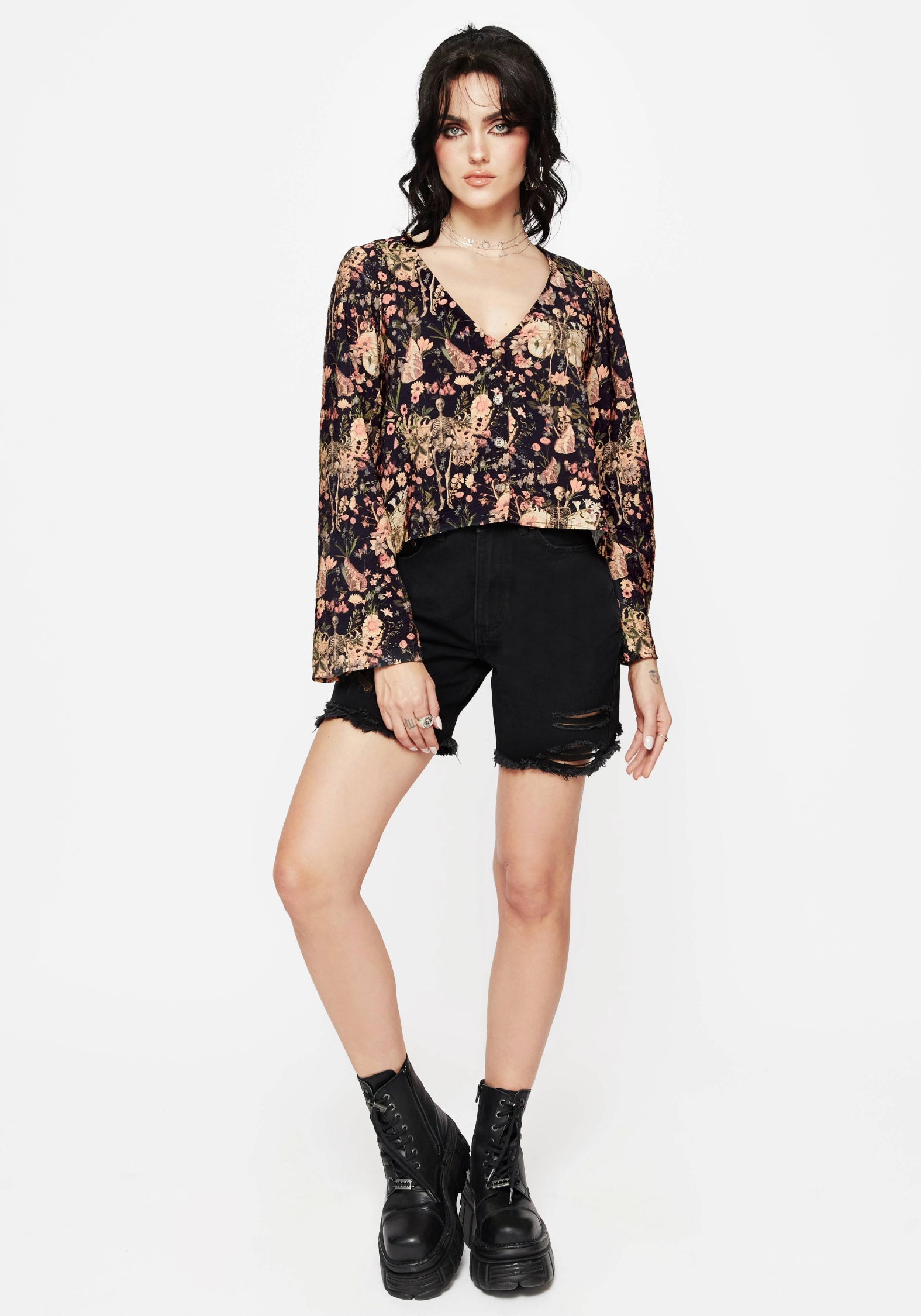 Floral Print Button Up Blouse with V-Neck & Long Sleeves | Pixie
