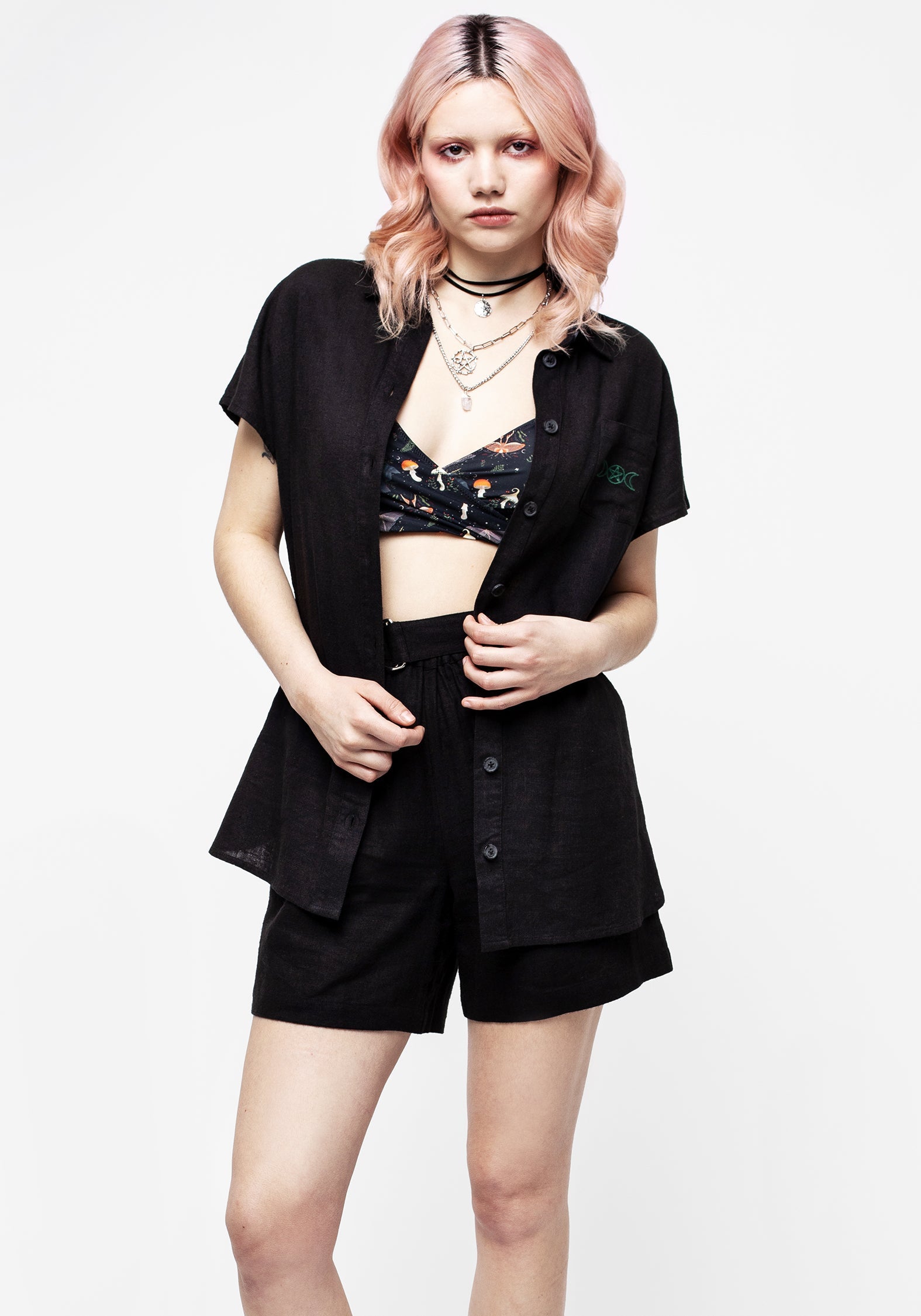 Black Linen-Blend Embroidered Shirt | Lucina Relaxed Fit