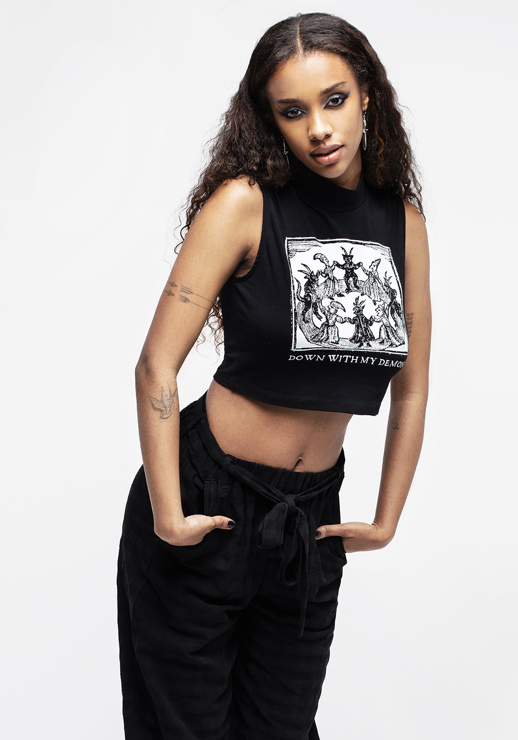 Black Graphic Print High-Neck Cropped Vest | Down With Demons