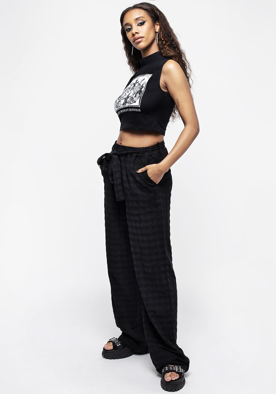 Black Graphic Print High-Neck Cropped Vest | Down With Demons