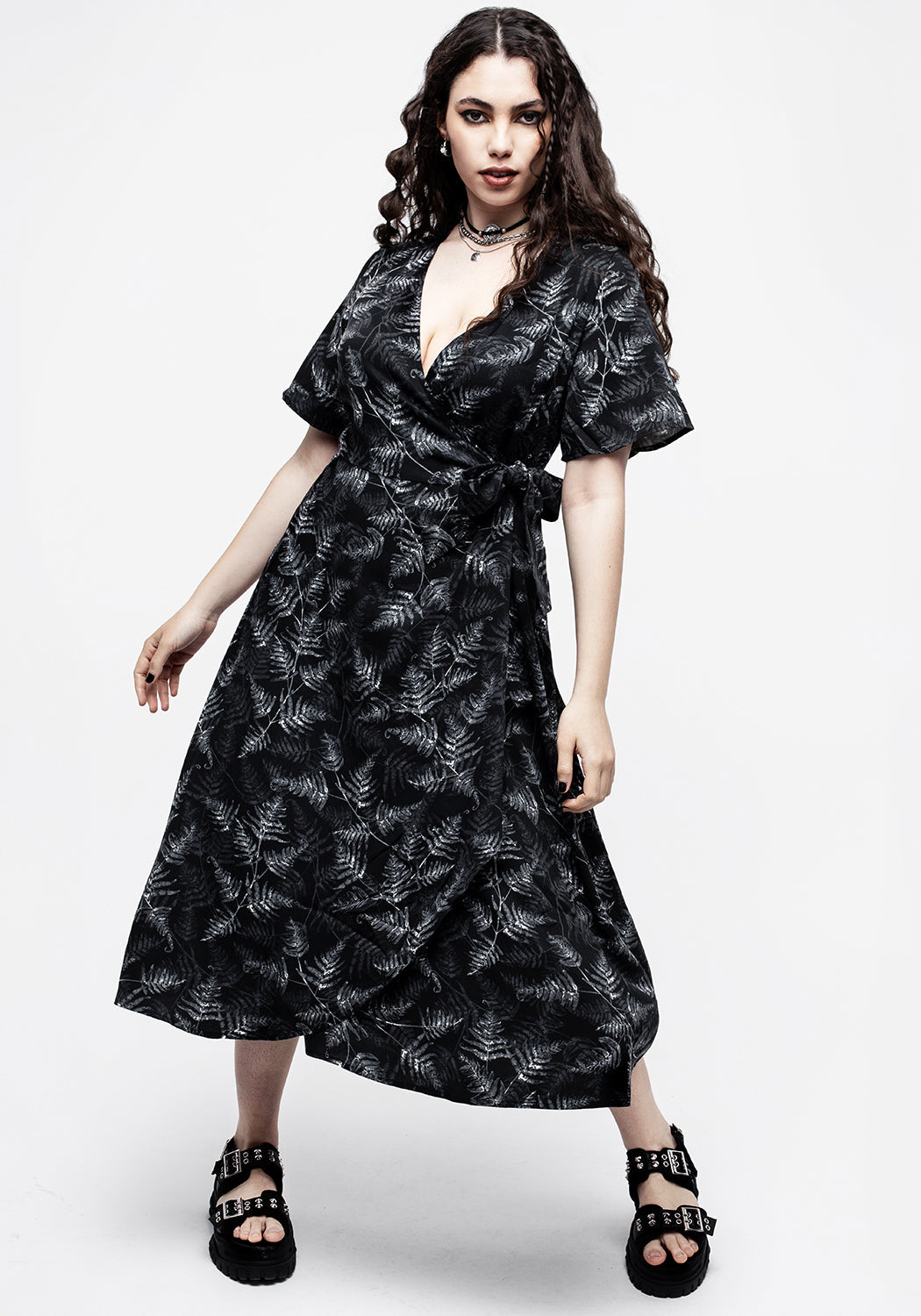 Black Fern Print Wrap Midi Dress with V-Neck & Adjustable Ties