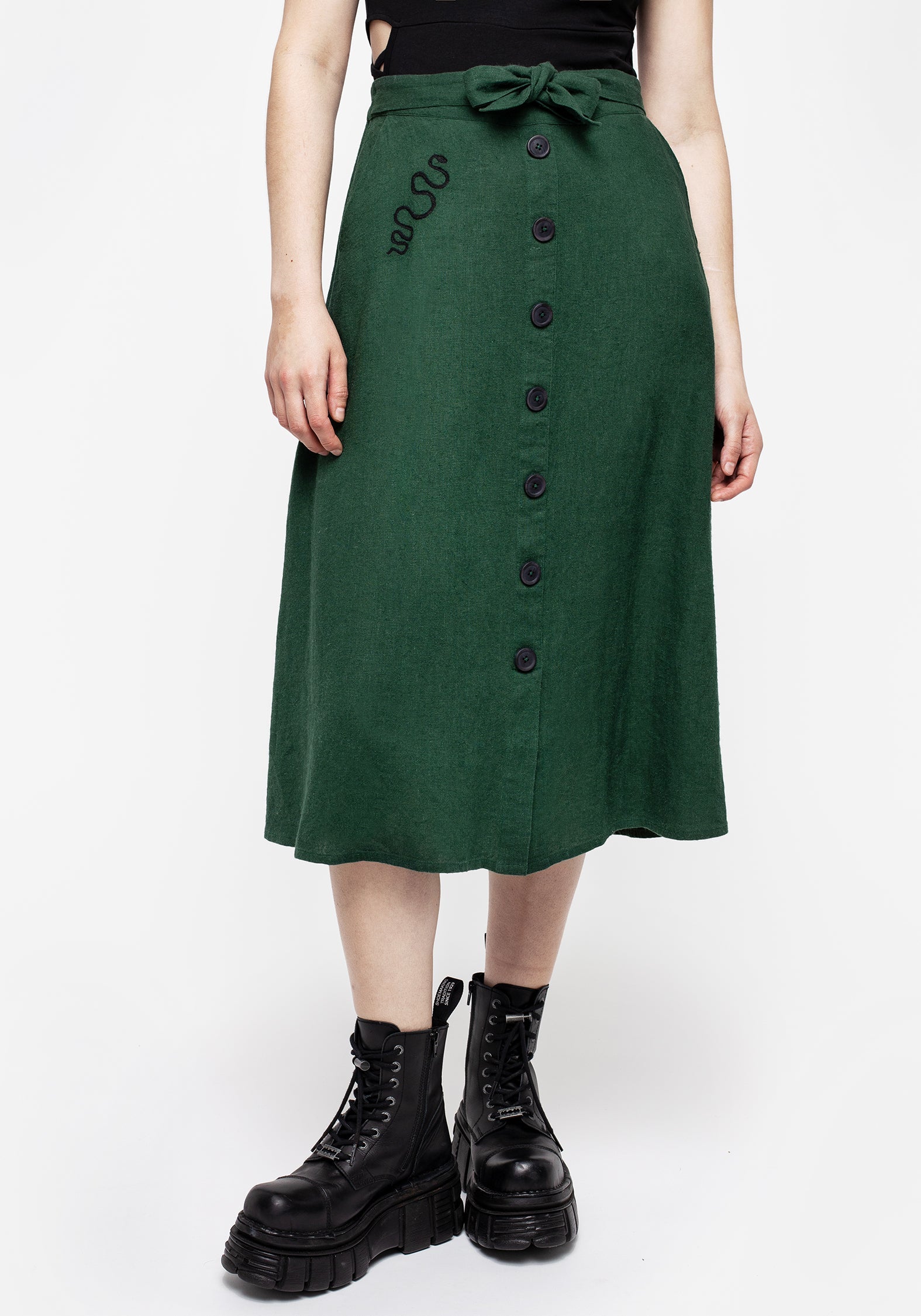 Green Linen Blend Button-Up Midi Skirt with Pockets | Basilisk