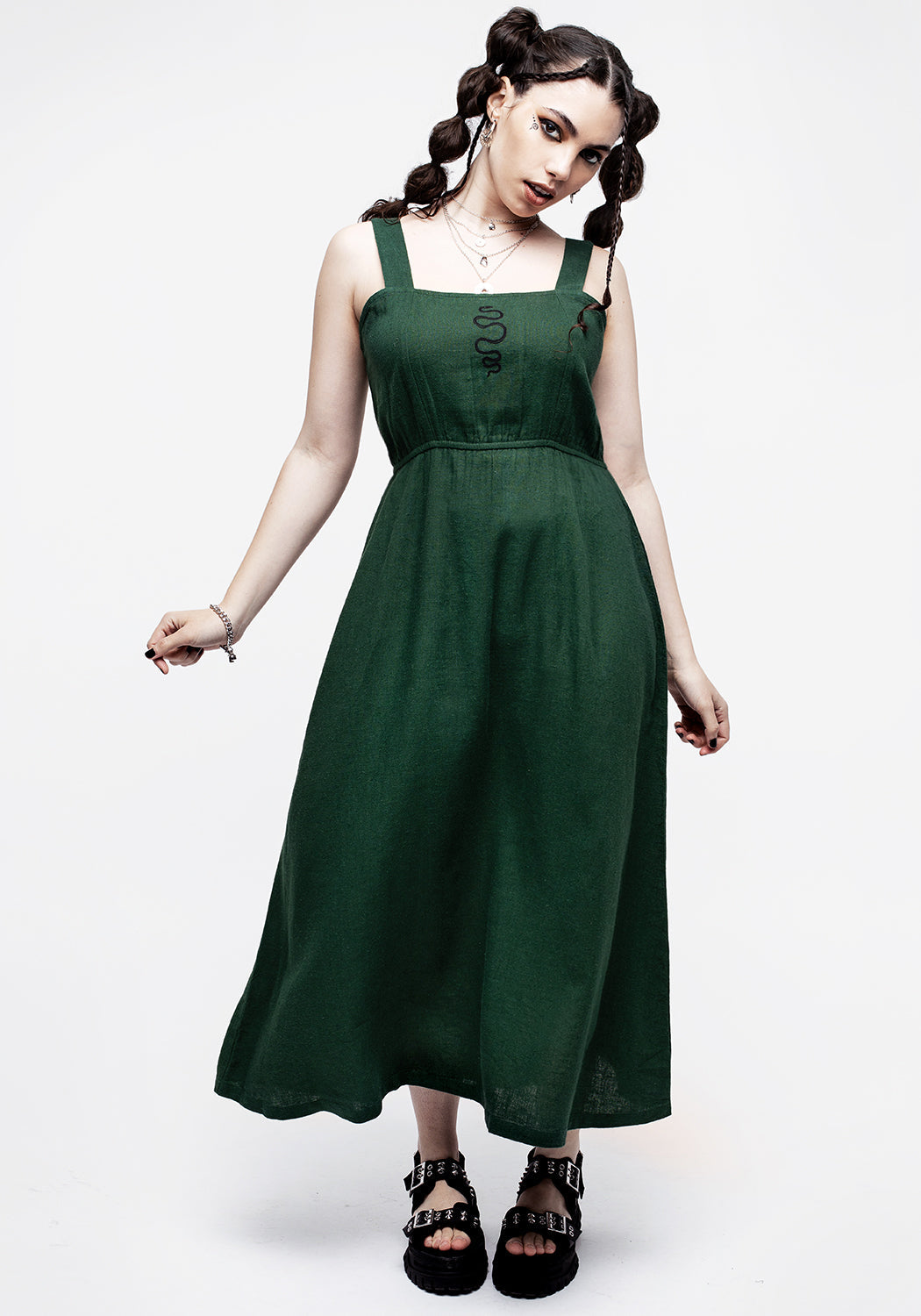 Green Linen-Blend Embroidered Midaxi Dress | Basilisk
