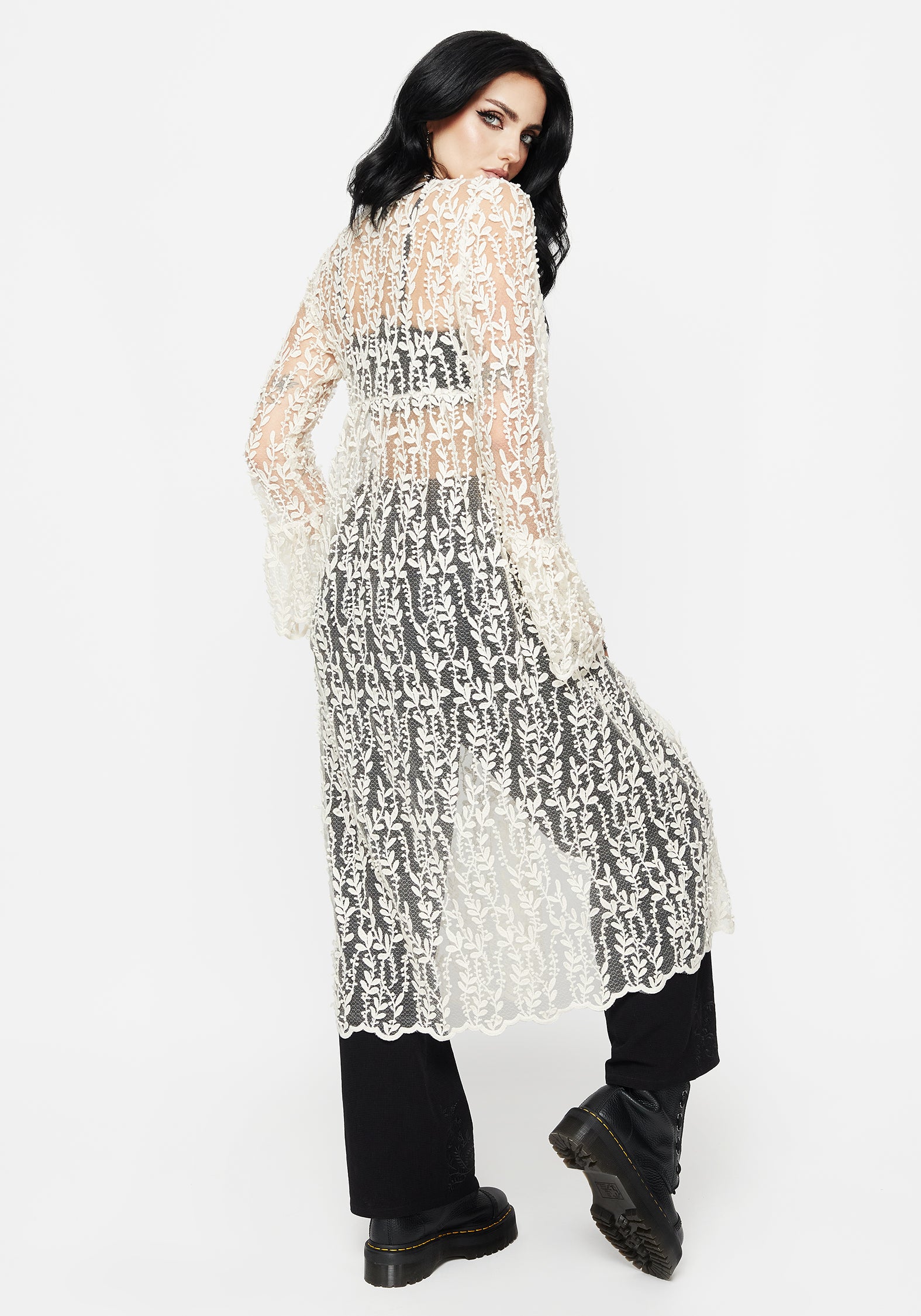 Cream Lace Kimono with Flowy Sleeves & Scallop Hem | Evangeline