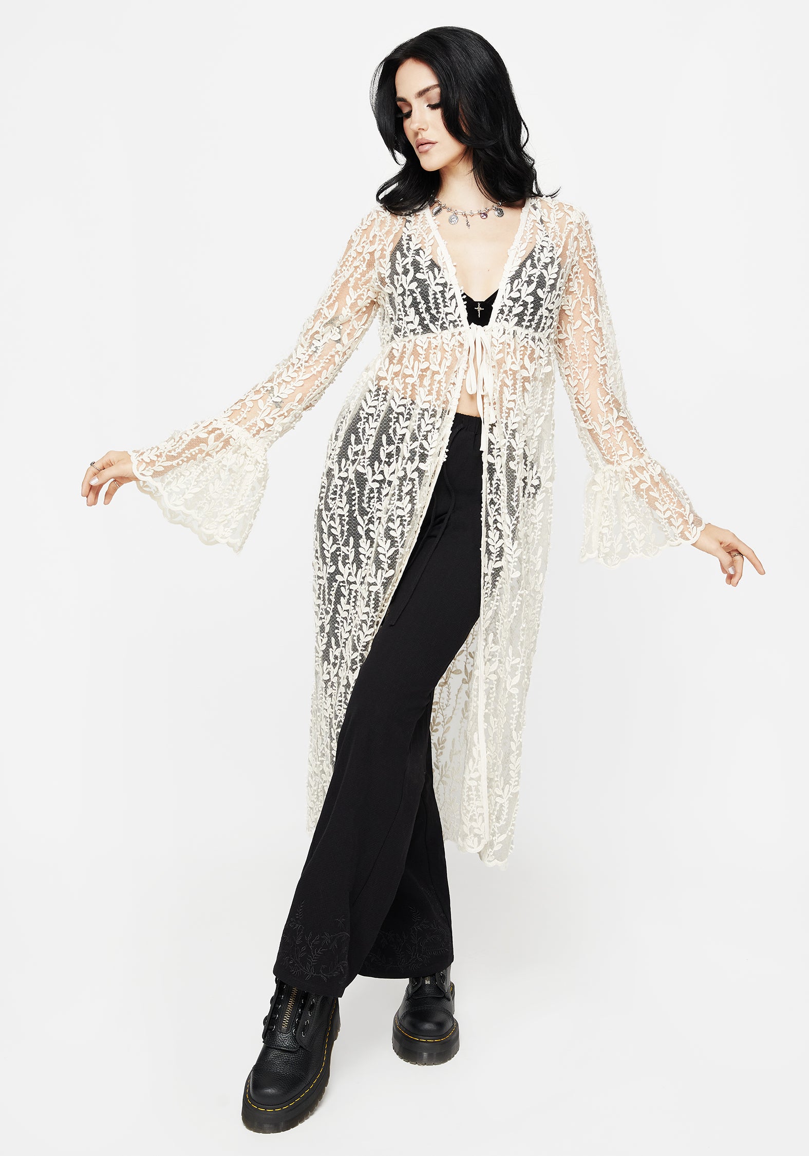 Cream Lace Kimono with Flowy Sleeves & Scallop Hem | Evangeline