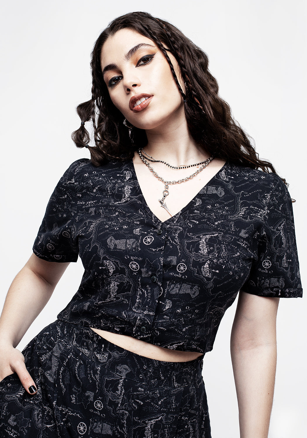 Black Printed Button-Down Crop Top with Map Print | Realm