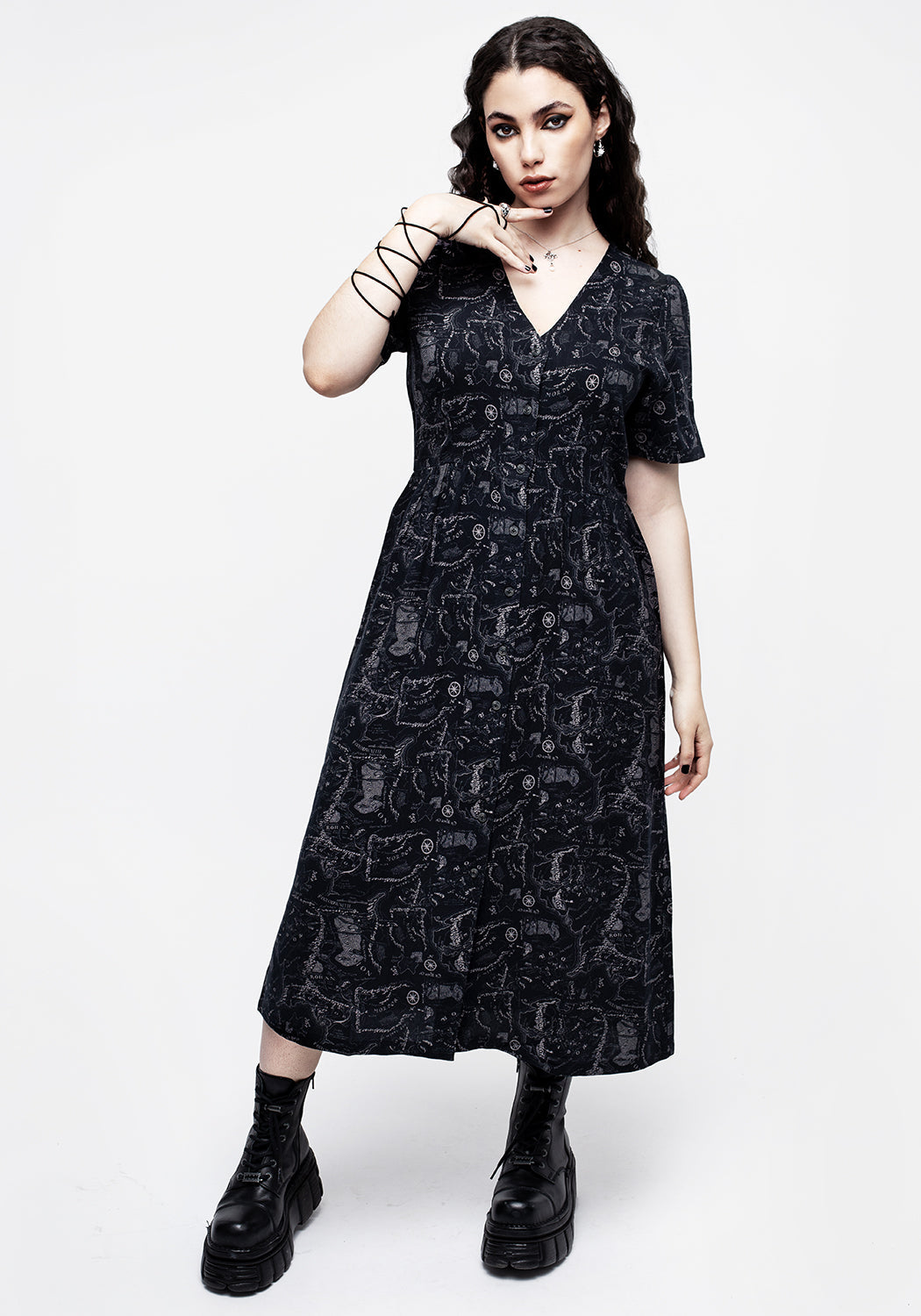 Black Printed Button-Down Midi Dress with Map Print | Realm