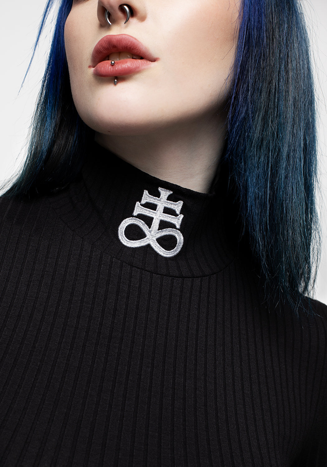 Black Ribbed Midi Dress with Funnel Neck & Embroidery | Leviathan