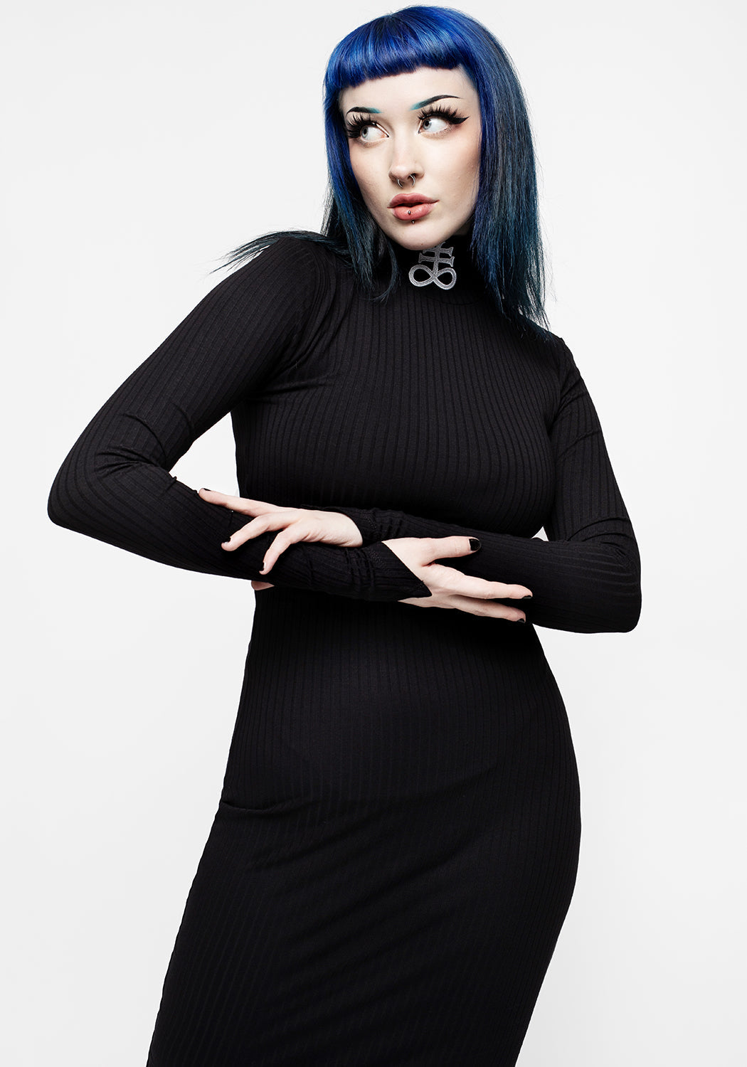 Black Ribbed Midi Dress with Funnel Neck & Embroidery | Leviathan