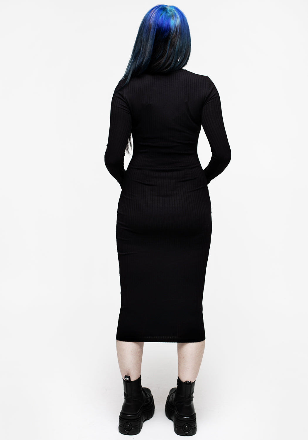 Black Ribbed Midi Dress with Funnel Neck & Embroidery | Leviathan