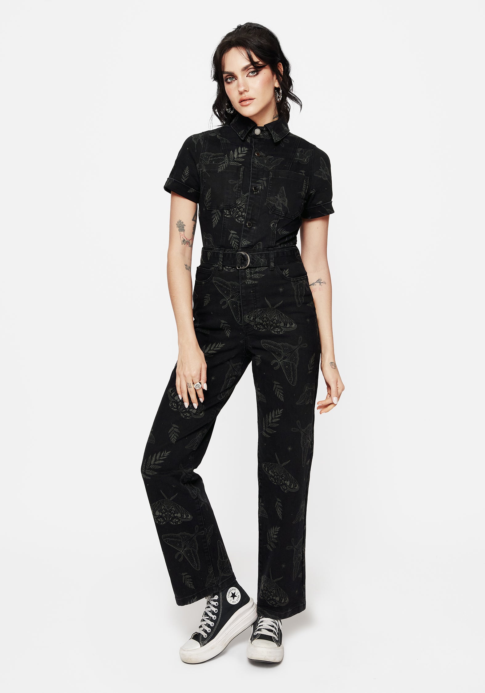Black Fern & Moth Print Denim Jumpsuit | Button Up with D-Ring Belt