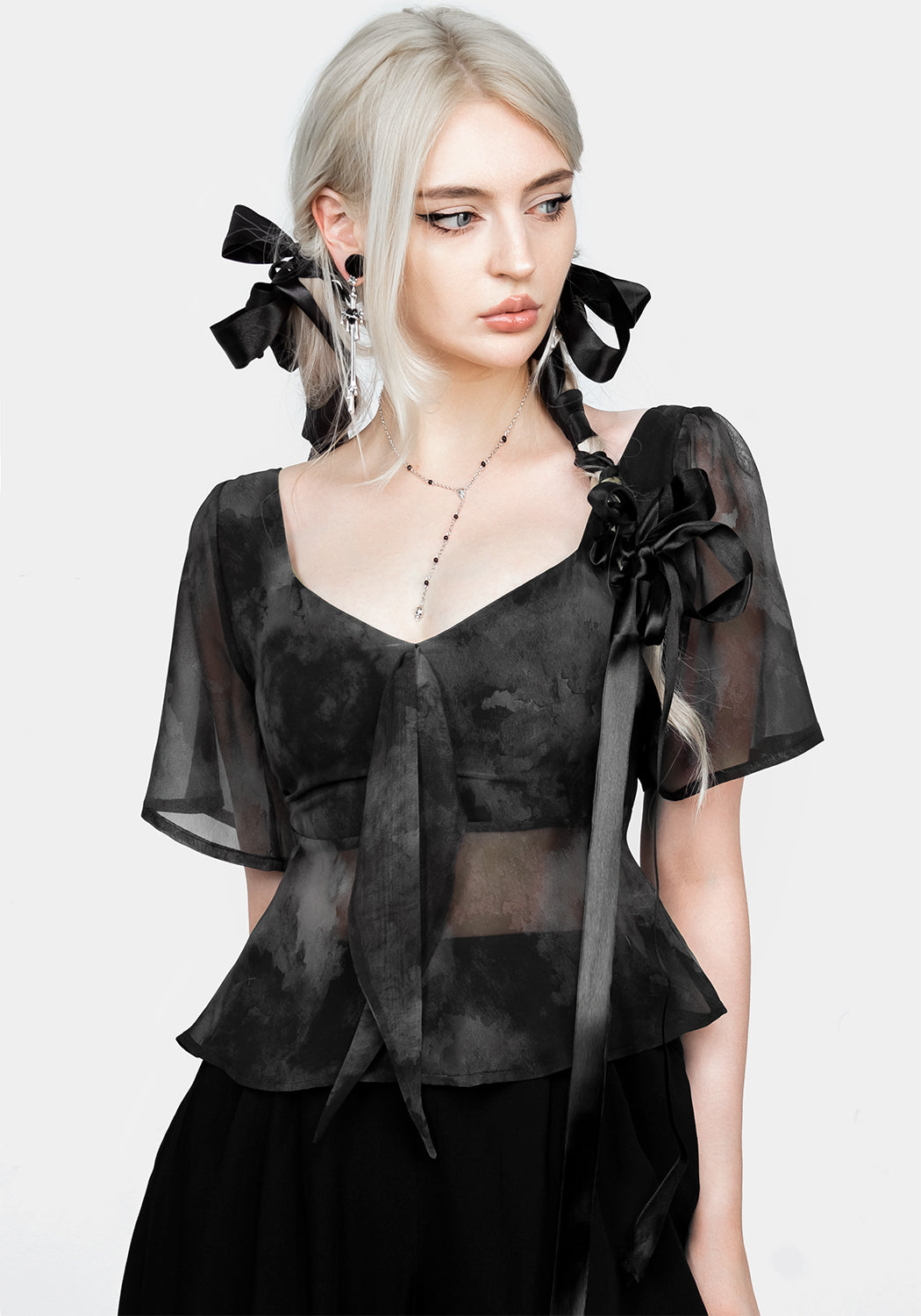 Black Mock Tie Peplum Top with Sweetheart Neckline | Tempest