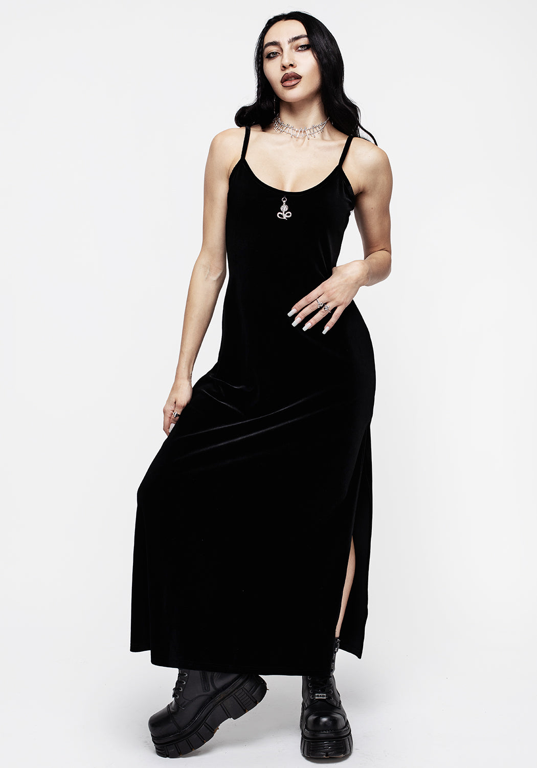 Black Velvet Slip Gown with Snake Charm & Side Split | Vipera