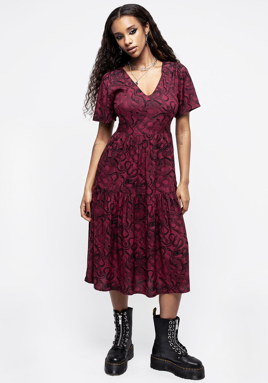 Red Snake Print Midi Dress with Tiered Skirt | Ophidia