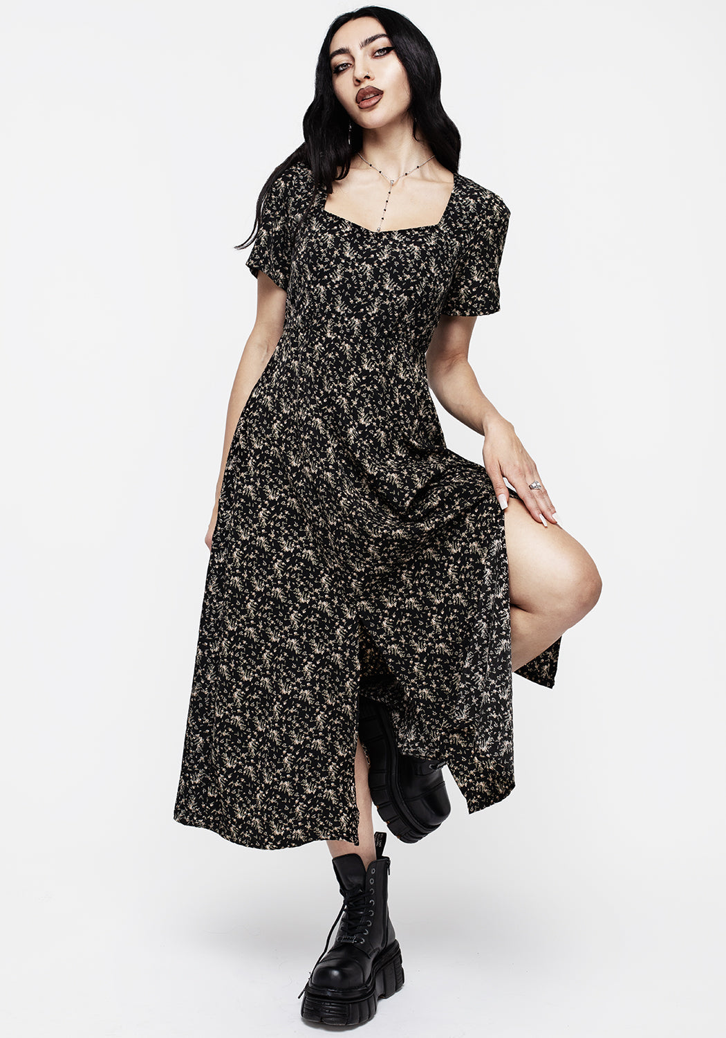 Floral Print Split Midi Dress with Sweetheart Neckline | Gardenia