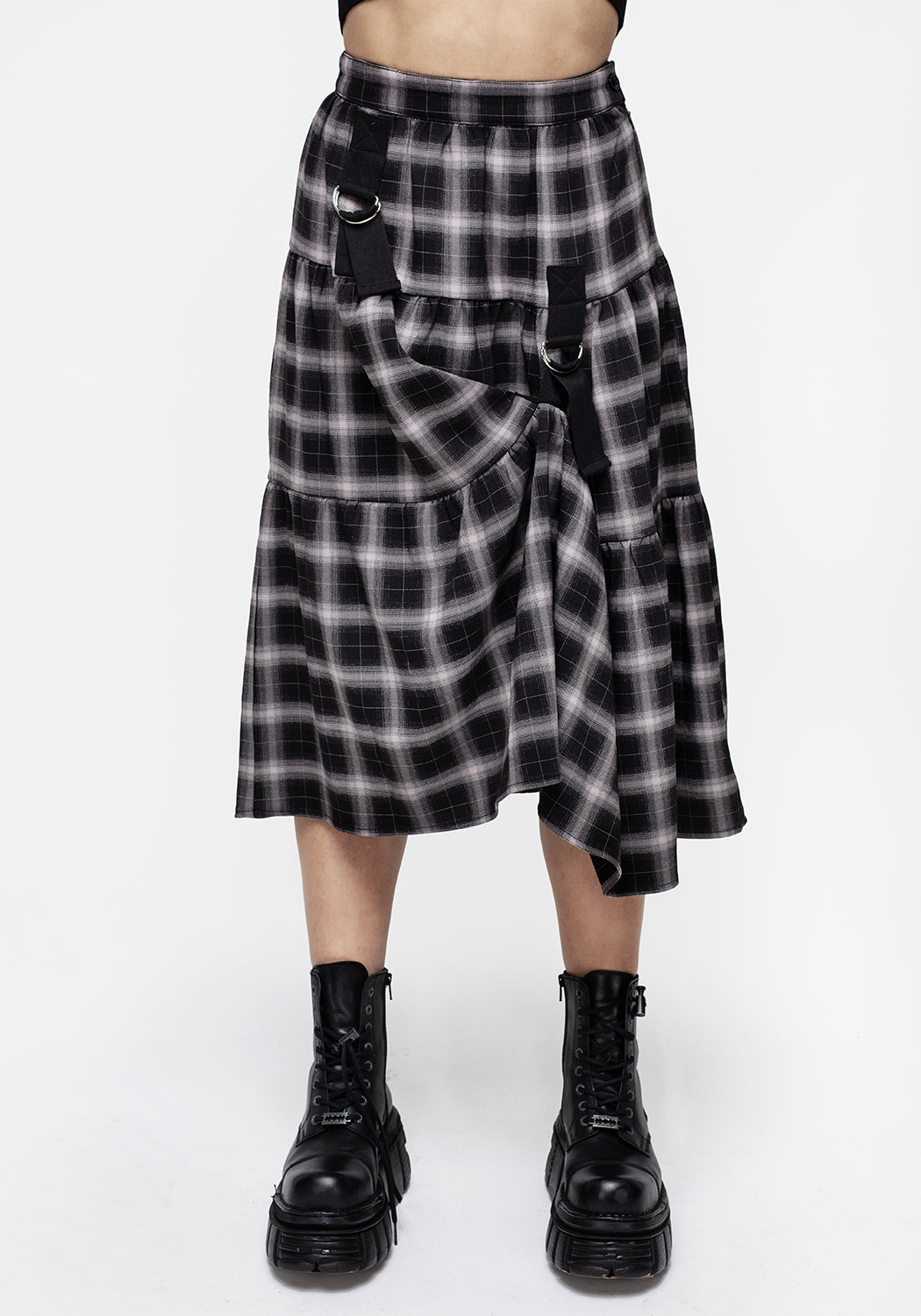 Black & Taupe Check Bondage Midi Skirt with Belt Buckles | Banshee