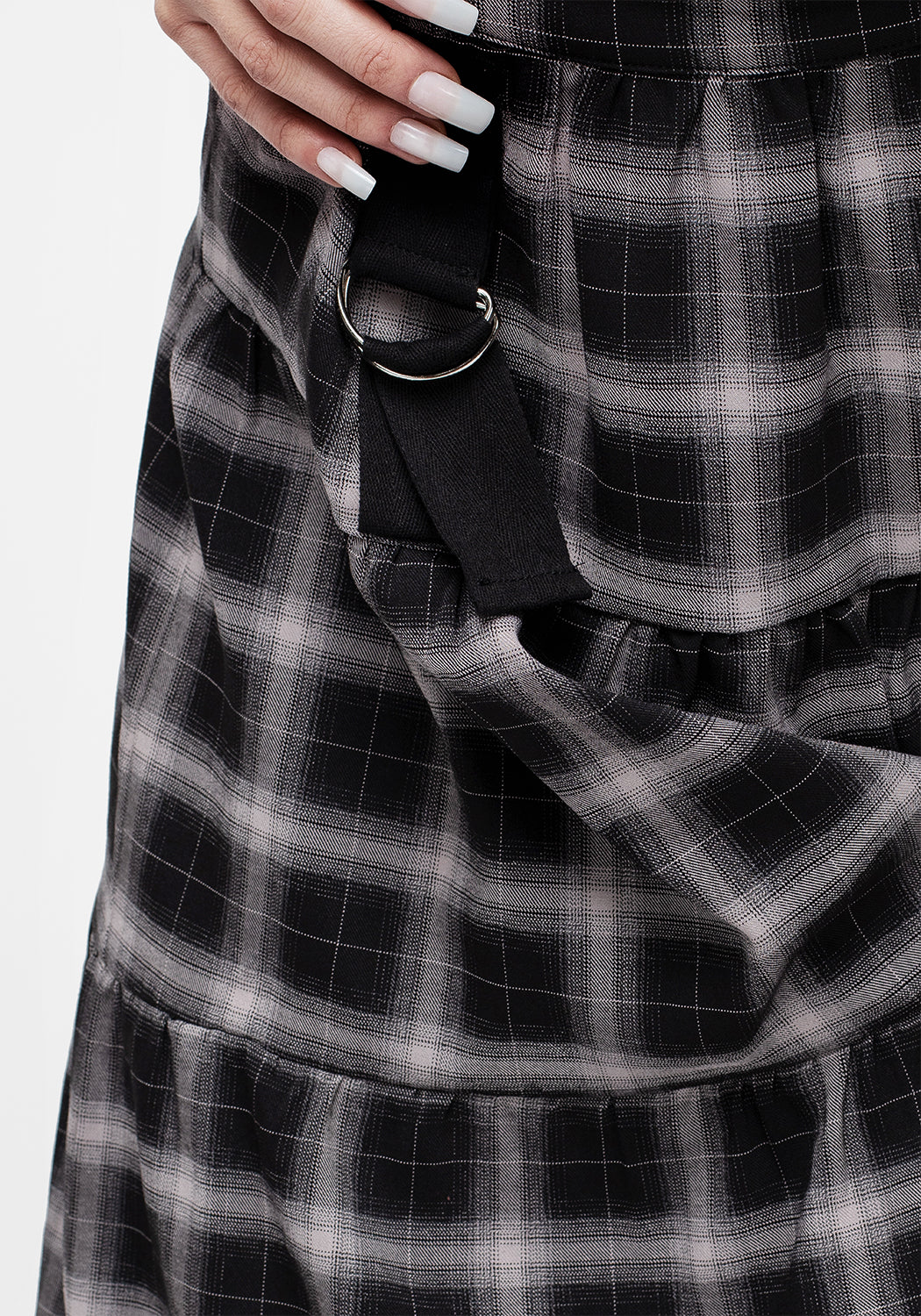 Black & Taupe Check Bondage Midi Skirt with Belt Buckles | Banshee