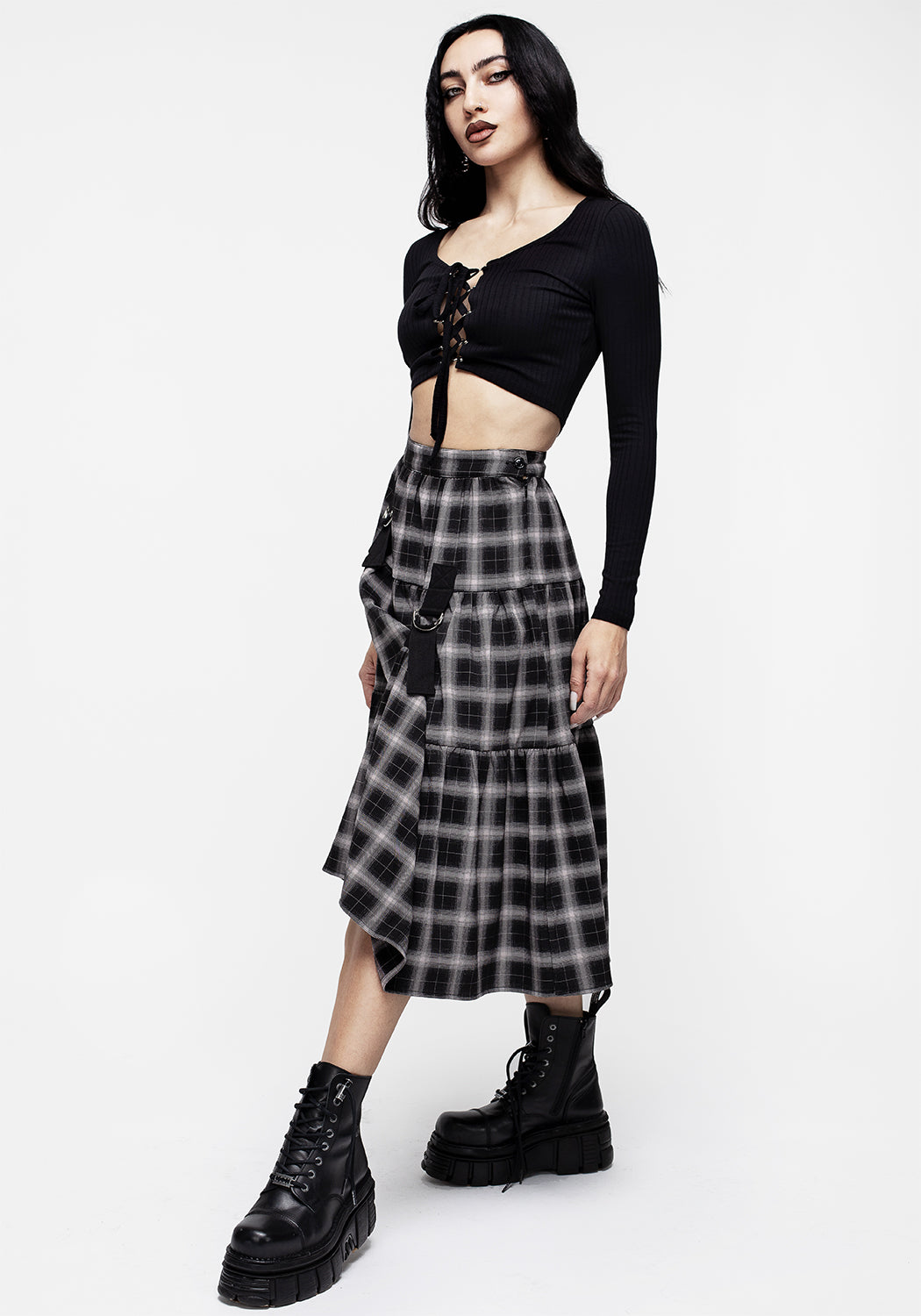 Black & Taupe Check Bondage Midi Skirt with Belt Buckles | Banshee