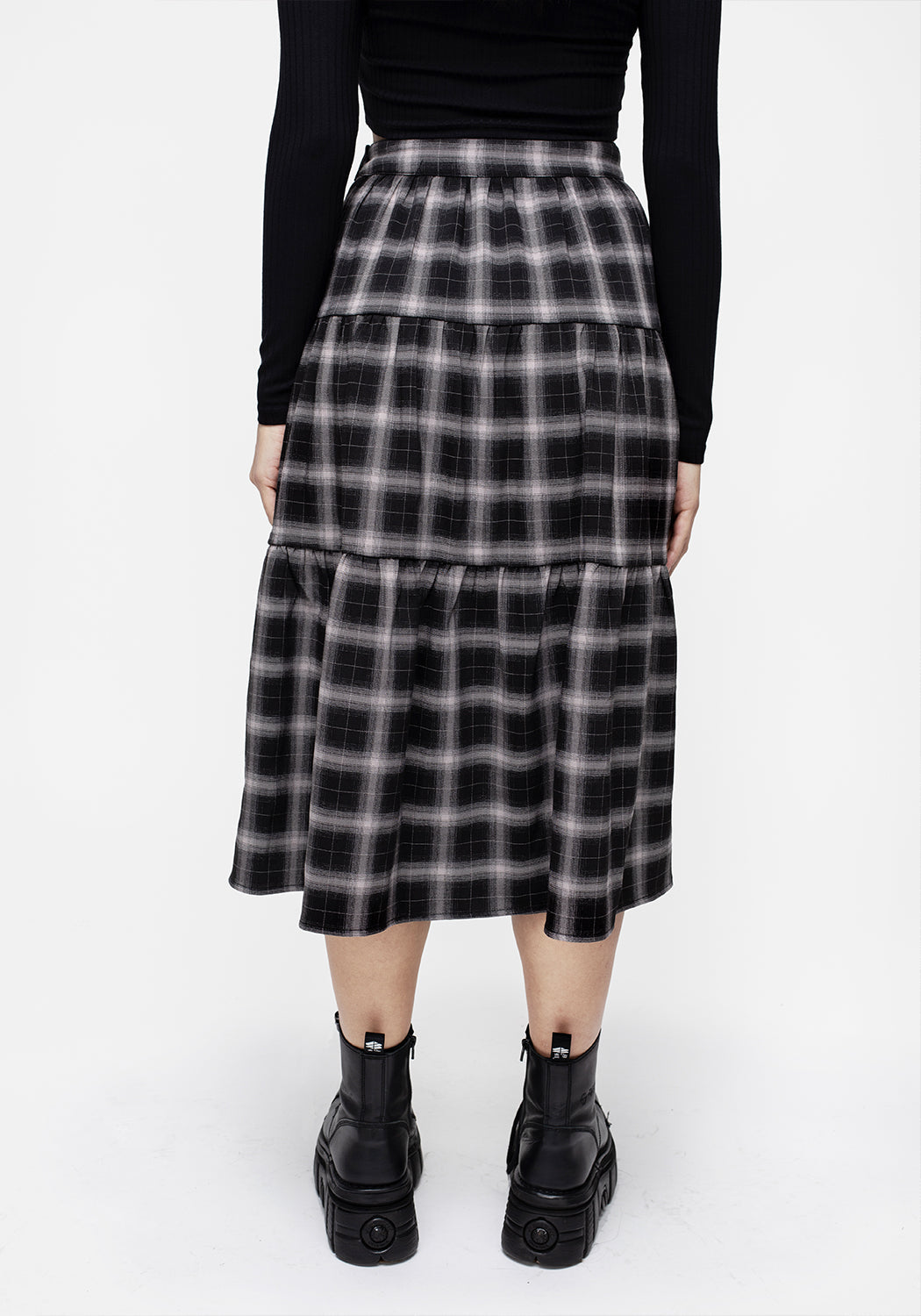 Black & Taupe Check Bondage Midi Skirt with Belt Buckles | Banshee
