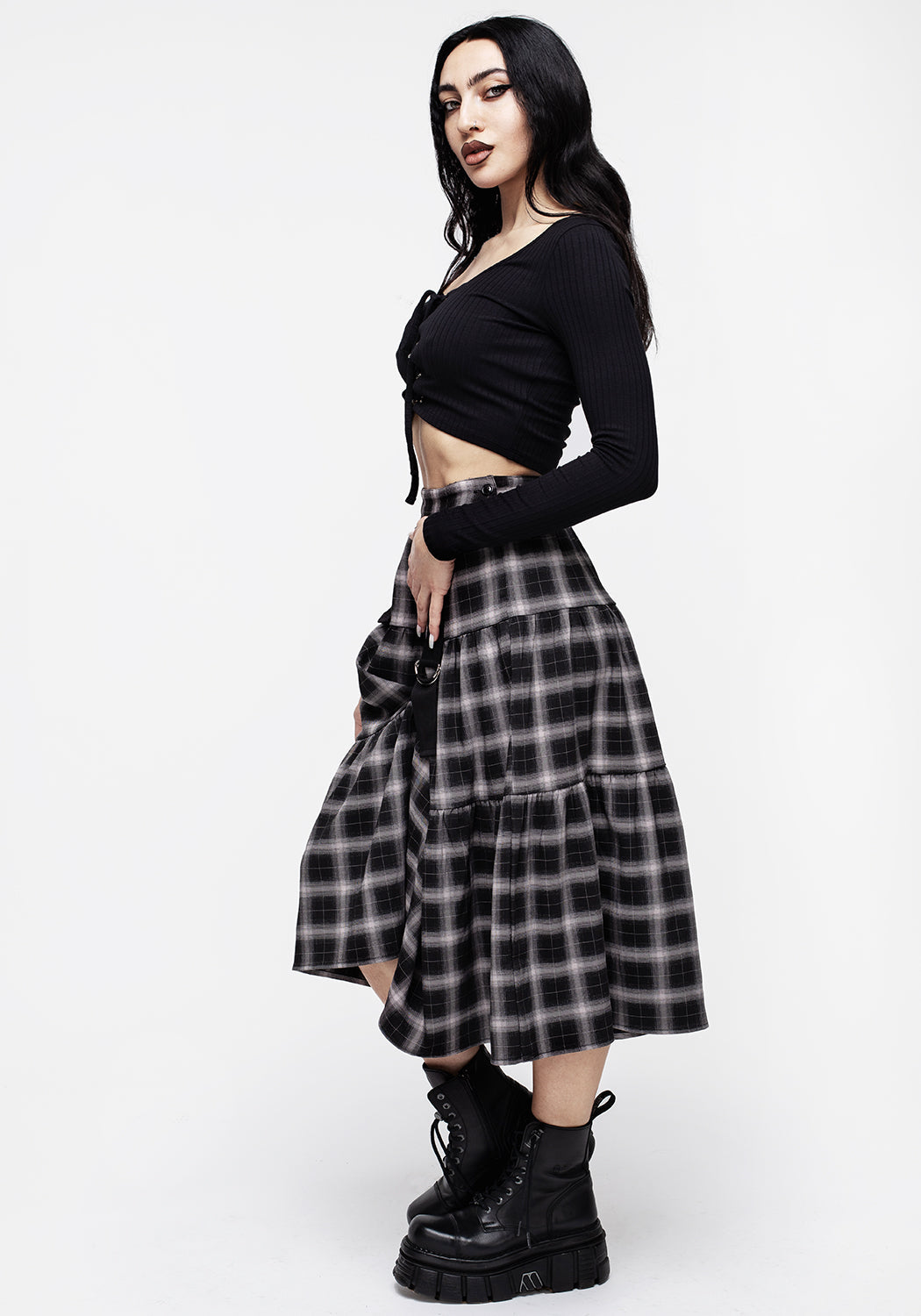 Black & Taupe Check Bondage Midi Skirt with Belt Buckles | Banshee