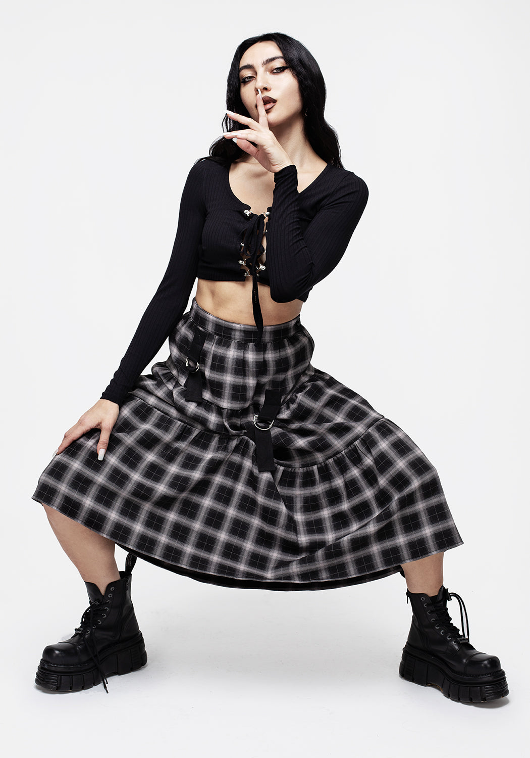 Black & Taupe Check Bondage Midi Skirt with Belt Buckles | Banshee