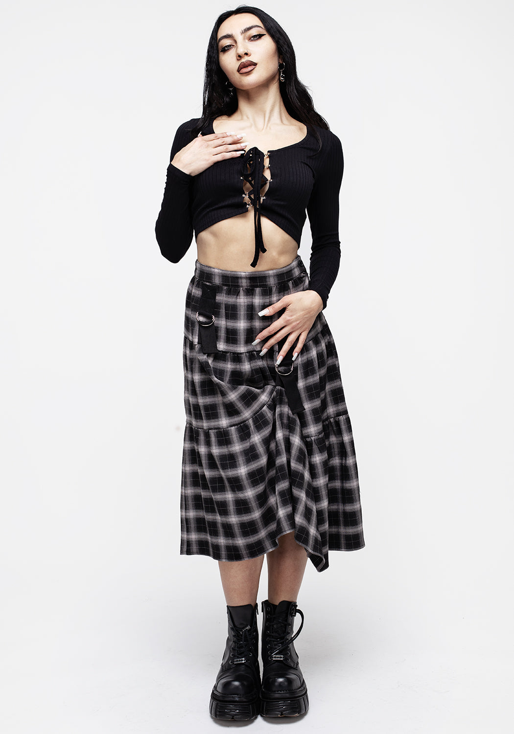 Black & Taupe Check Bondage Midi Skirt with Belt Buckles | Banshee