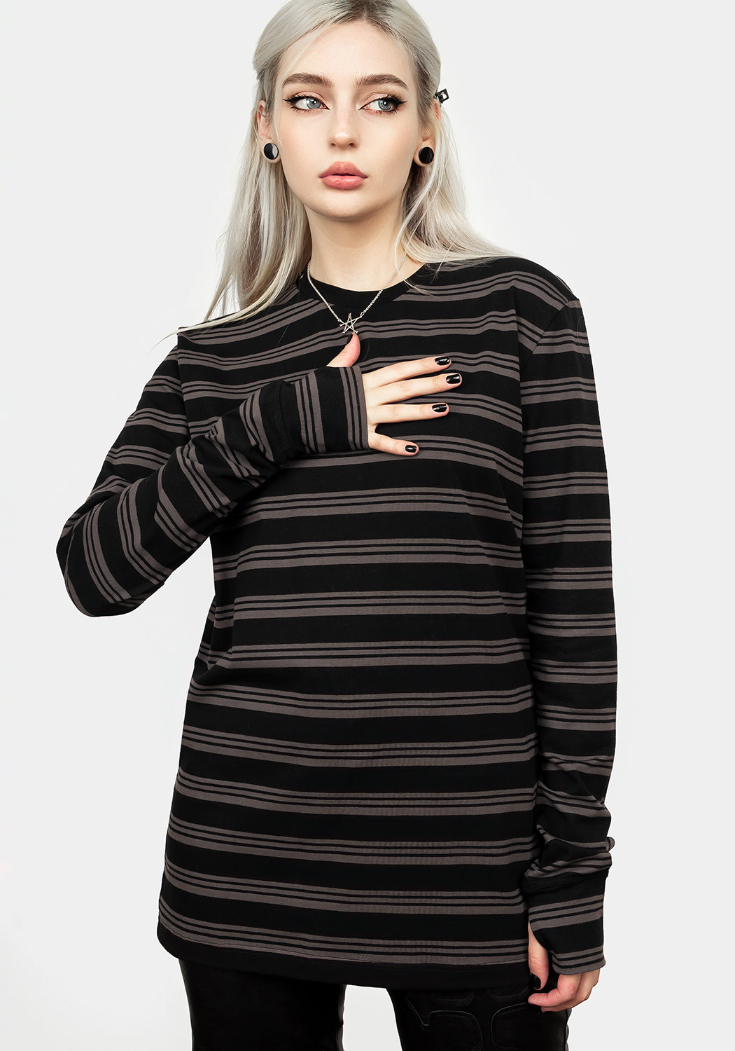 Black & Grey Striped Long Sleeve T-Shirt with Thumb Holes | Nevermind