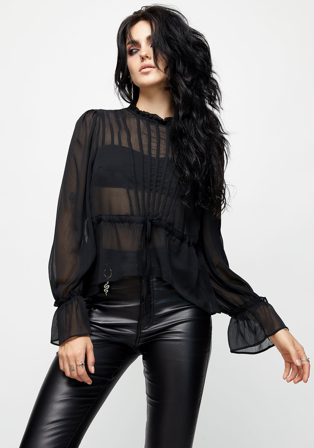 Black Sheer Pintuck Ruffle Top with Long Sleeves | Spirit
