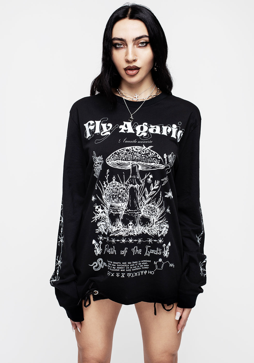 Black Graphic Print Long Sleeve T-Shirt with Fly Agaric Design | Unisex Fit