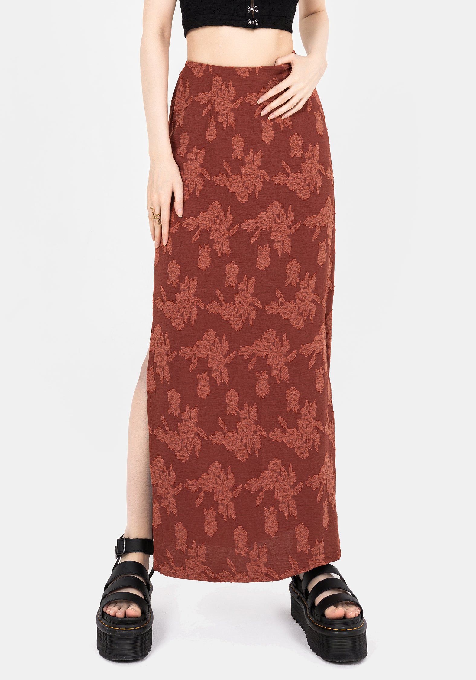 Rust Red Floral Maxi Skirt with Side Splits & Elastic Waist | Prosperity