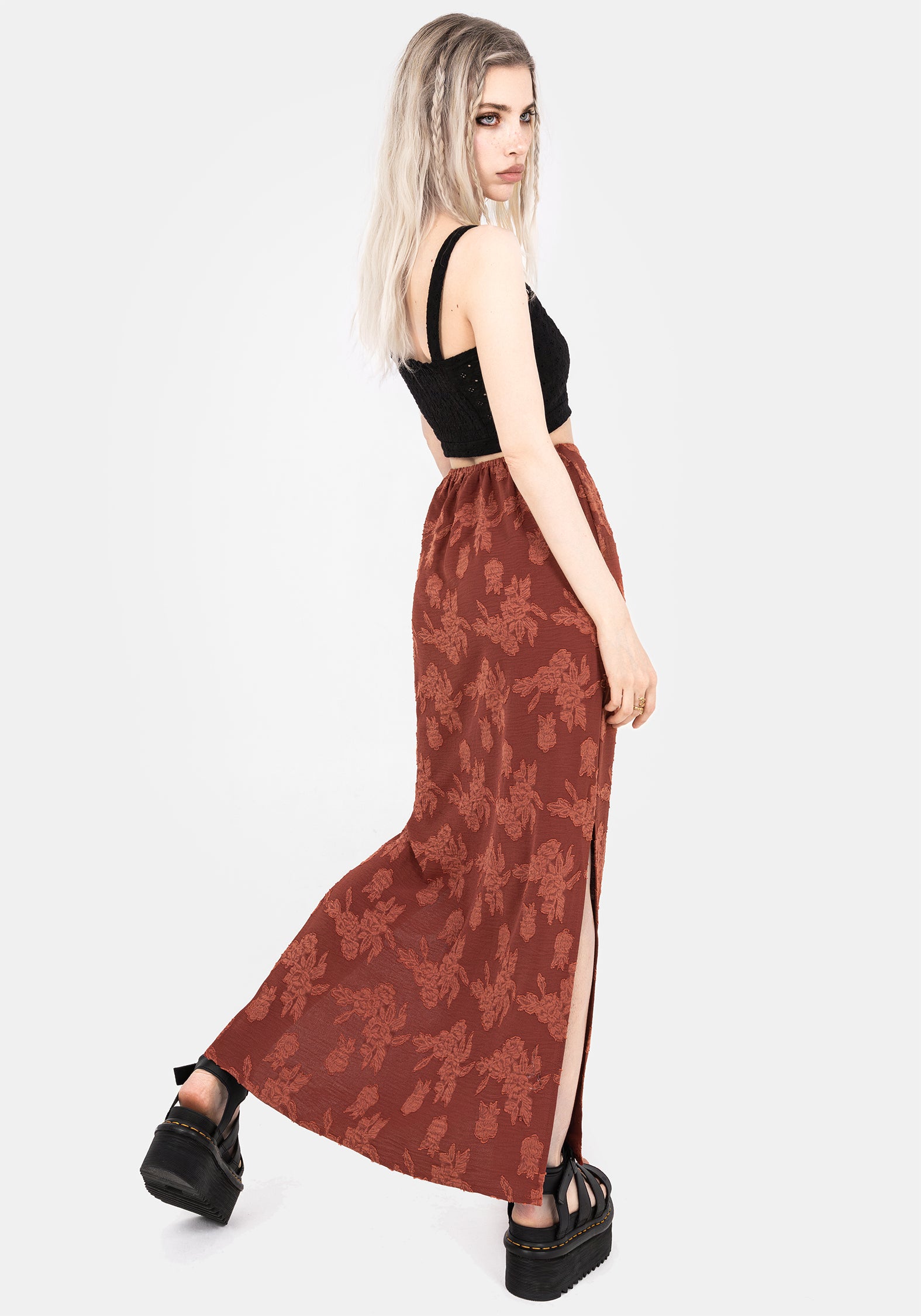 Rust Red Floral Maxi Skirt with Side Splits & Elastic Waist | Prosperity