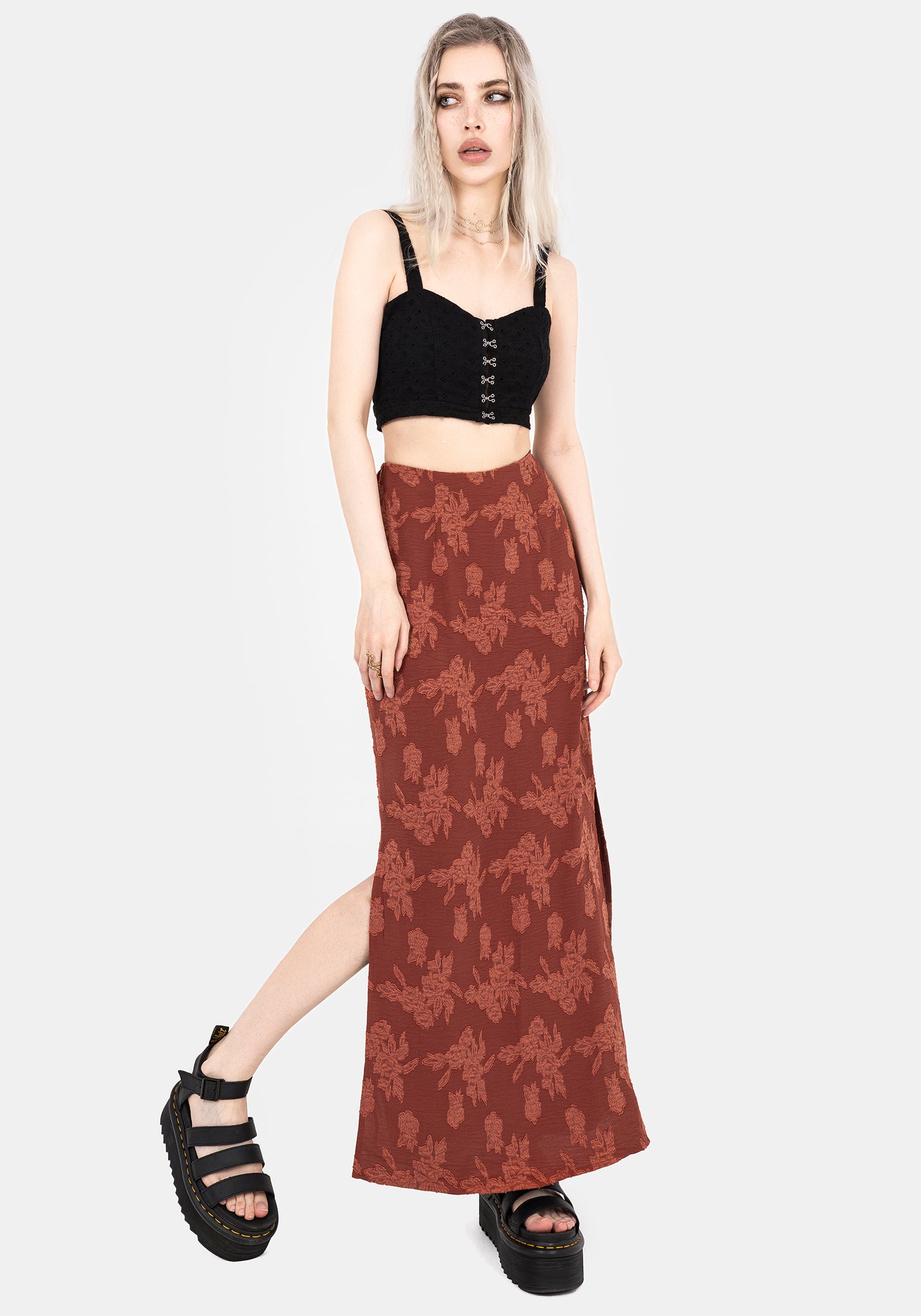 Rust Red Floral Maxi Skirt with Side Splits & Elastic Waist | Prosperity