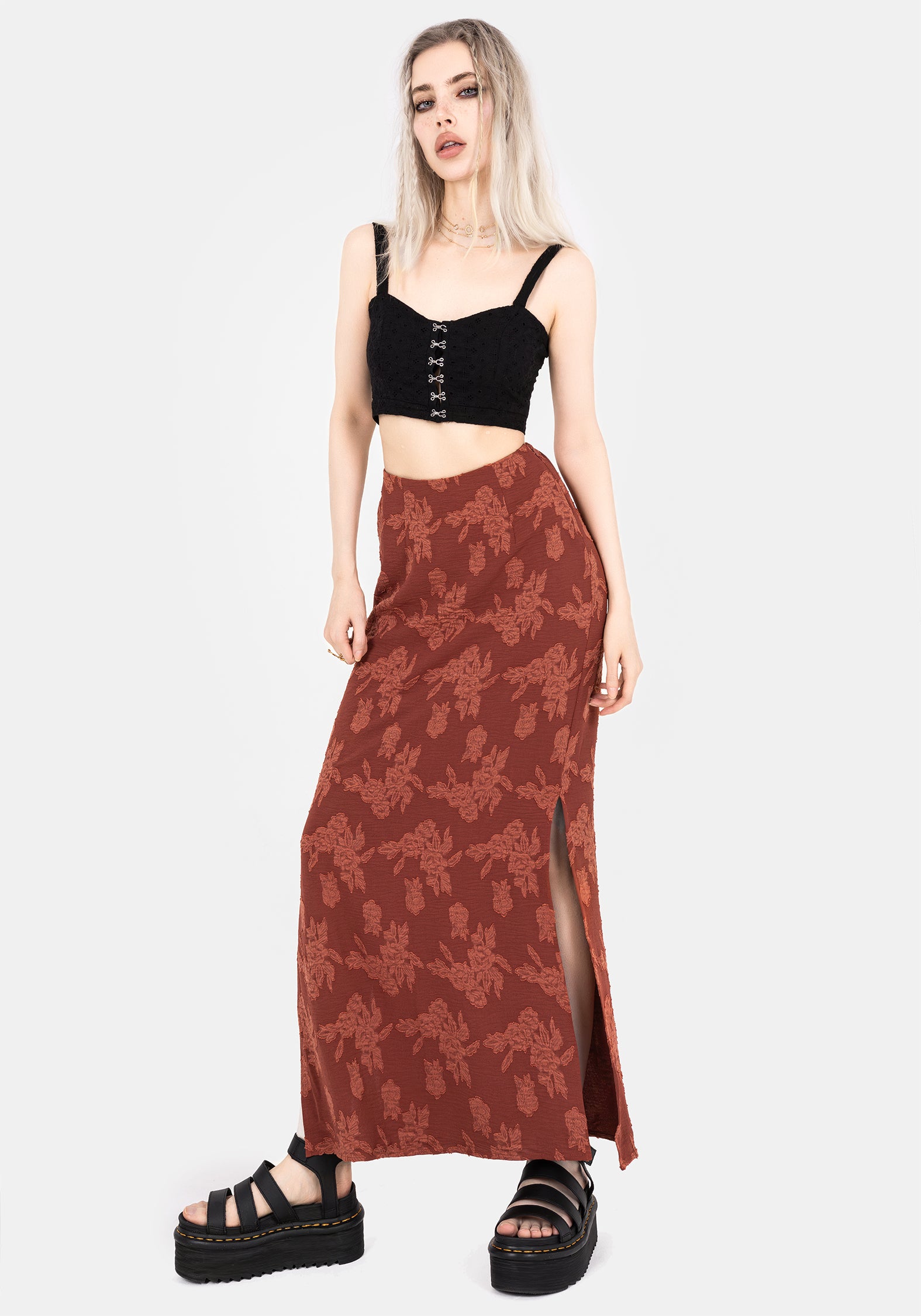 Rust Red Floral Maxi Skirt with Side Splits & Elastic Waist | Prosperity