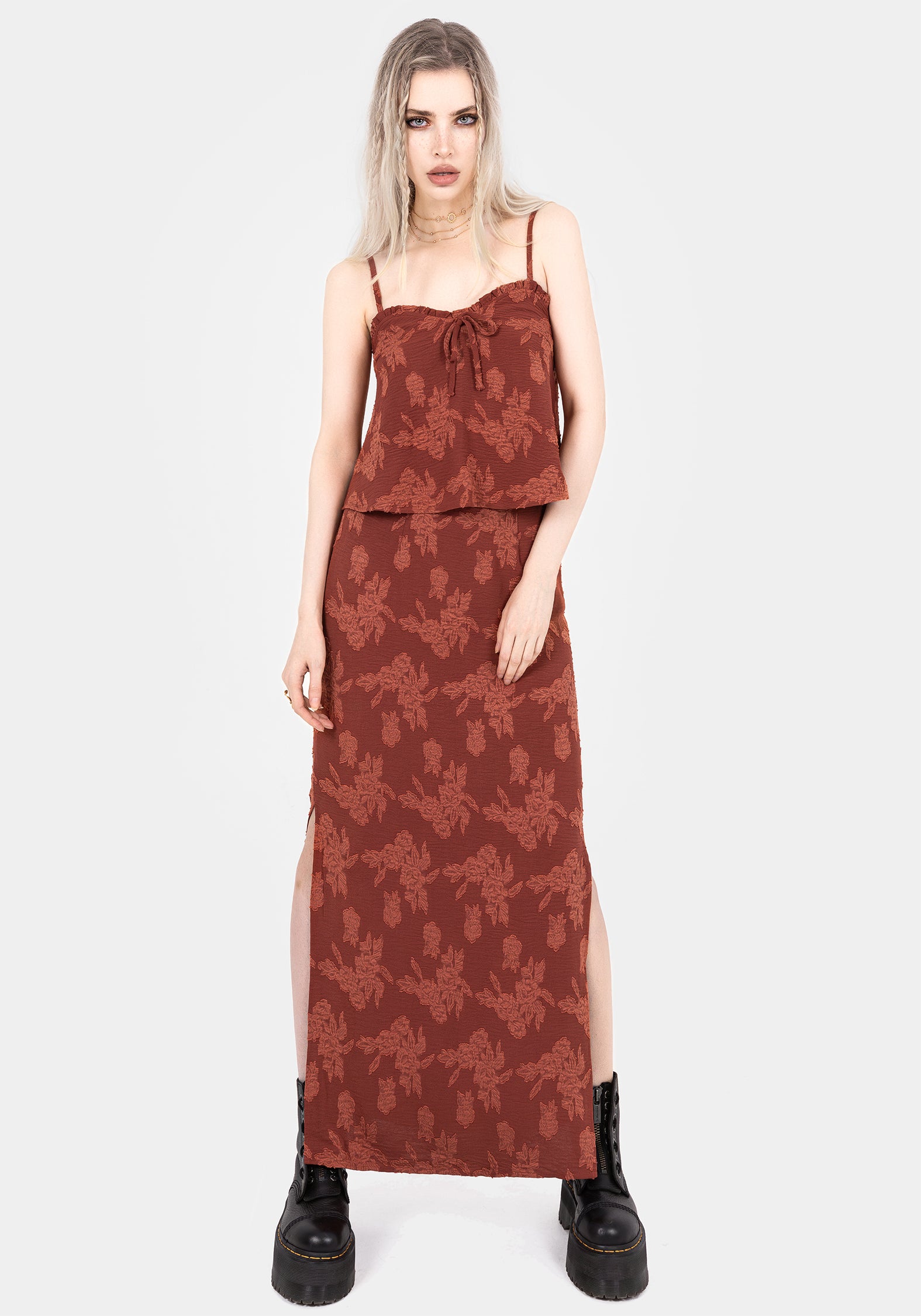 Rust Red Floral Maxi Skirt with Side Splits & Elastic Waist | Prosperity