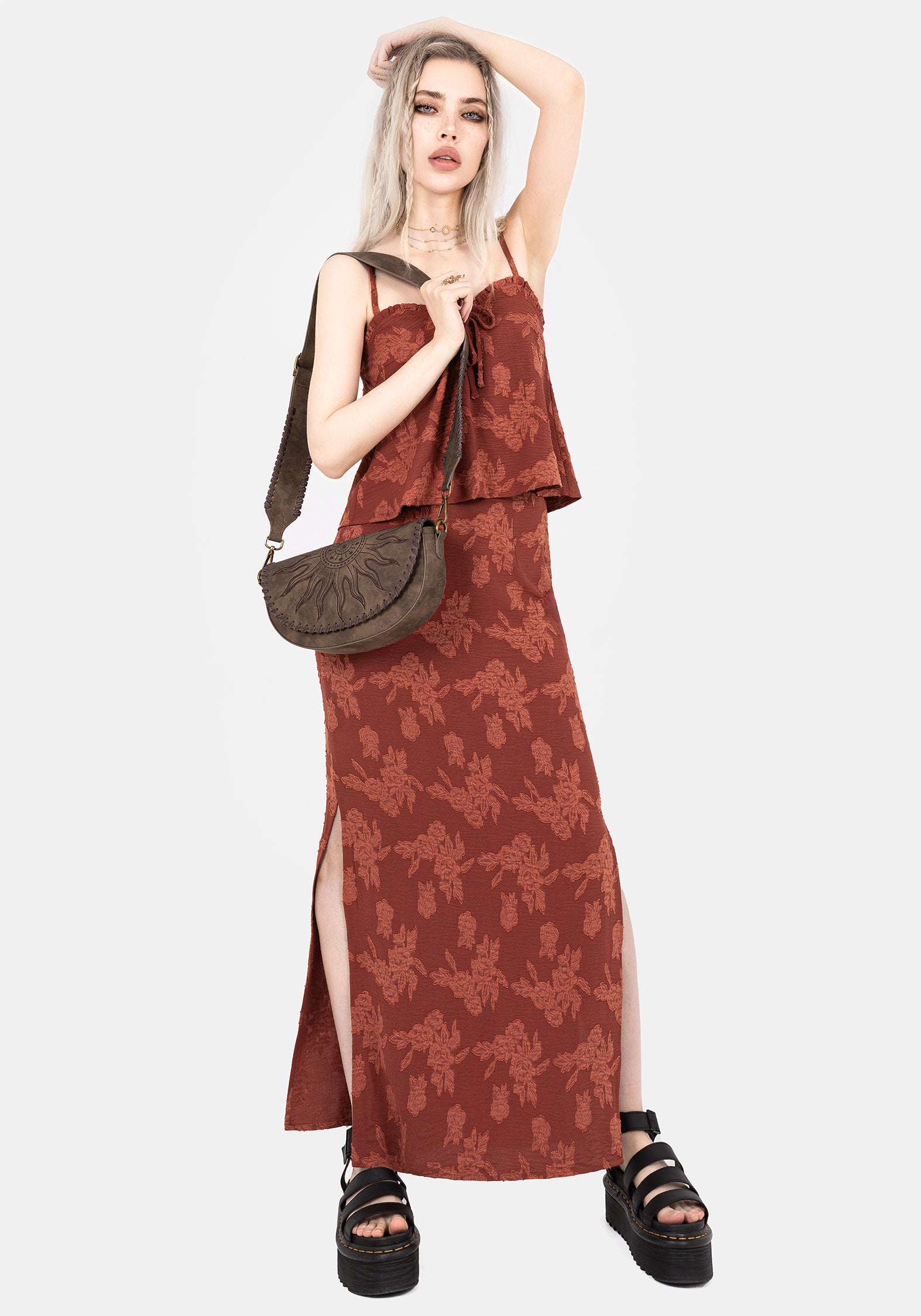 Rust Red Floral Maxi Skirt with Side Splits & Elastic Waist | Prosperity