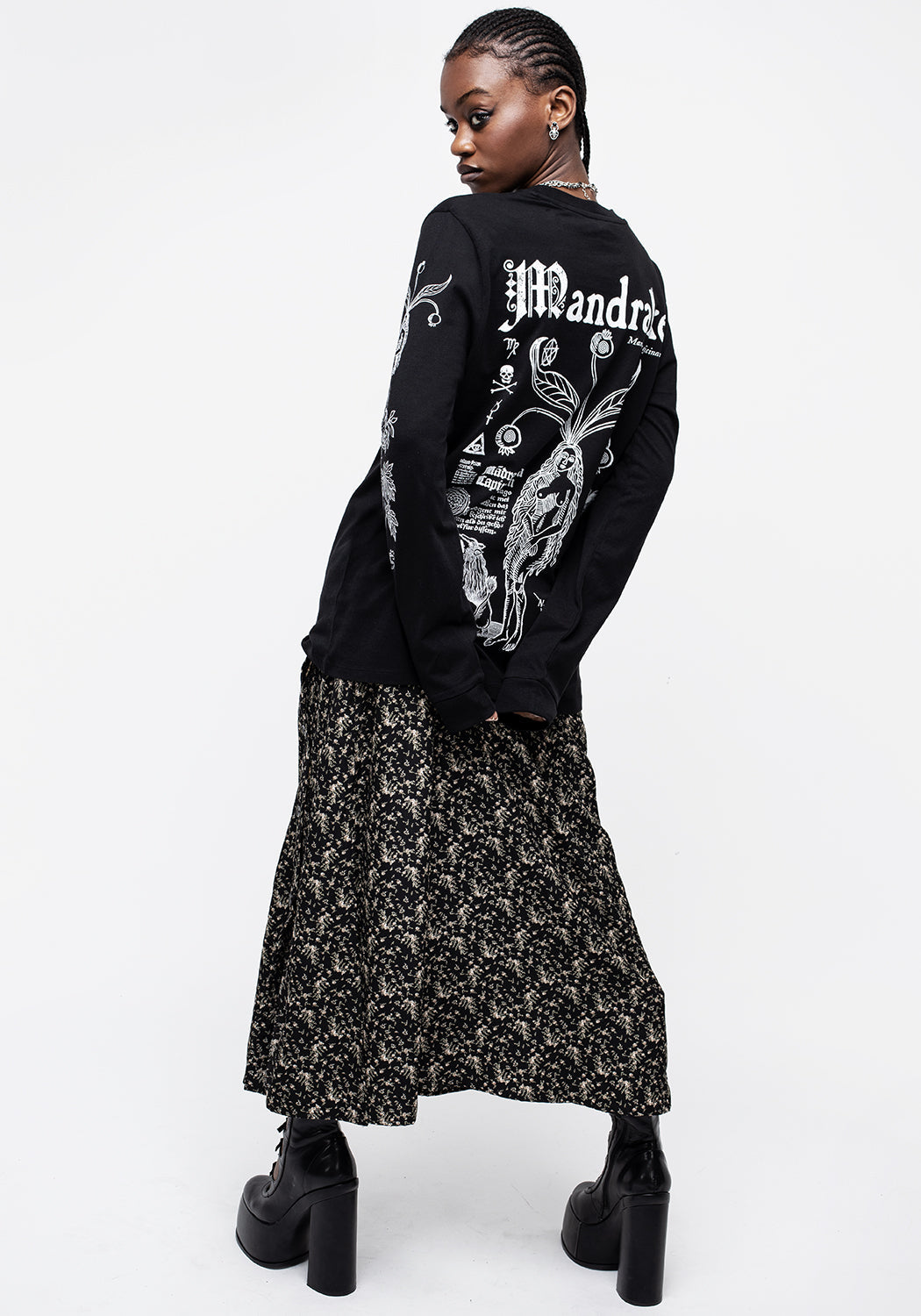 Black Graphic Print Long Sleeve T-Shirt with Mandrake Design | 100% Cotton