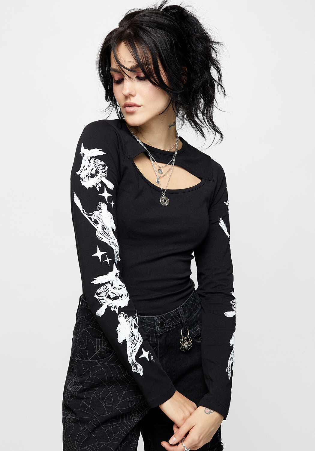 Black Graphic Long Sleeve T-Shirt with Cut-Out Detail | Wolfsbane