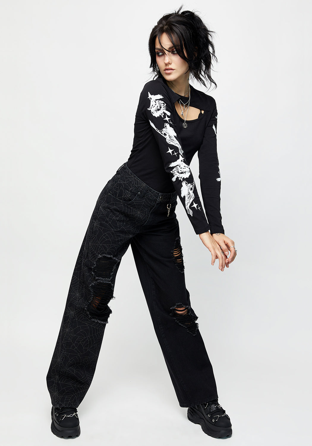 Black Graphic Long Sleeve T-Shirt with Cut-Out Detail | Wolfsbane