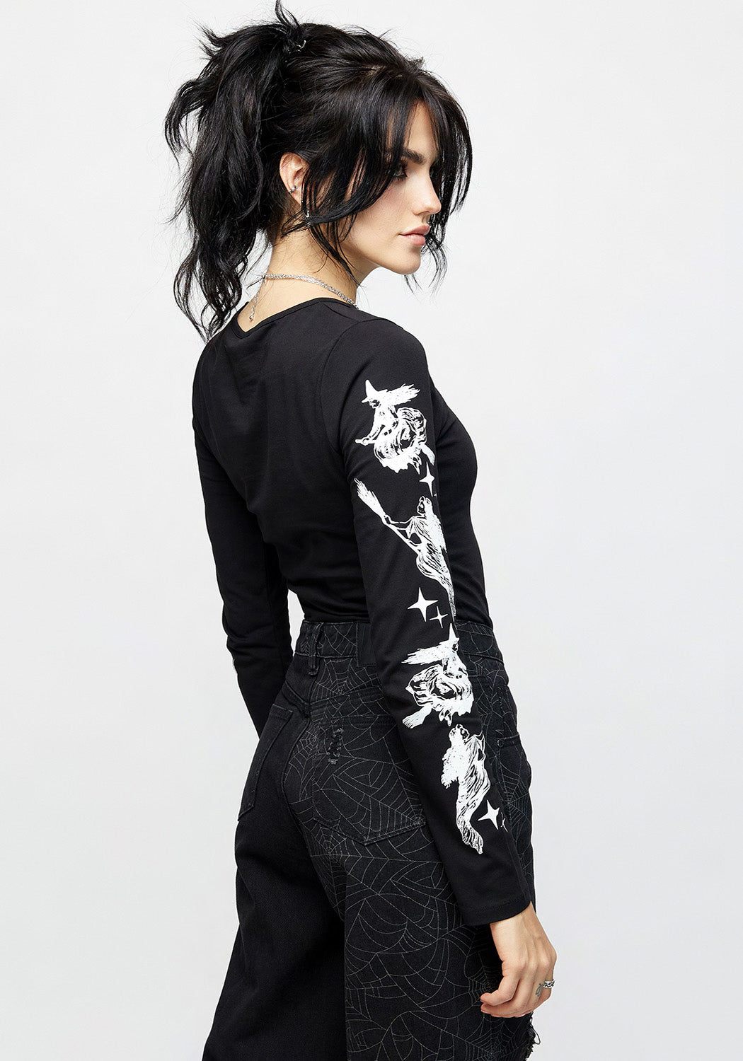 Black Graphic Long Sleeve T-Shirt with Cut-Out Detail | Wolfsbane