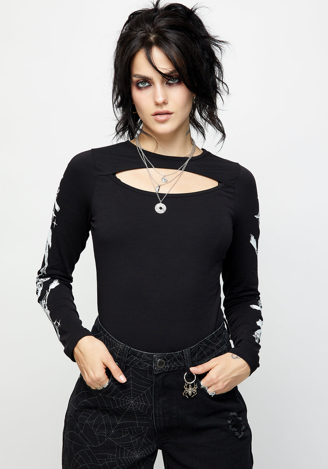 Black Graphic Long Sleeve T-Shirt with Cut-Out Detail | Wolfsbane