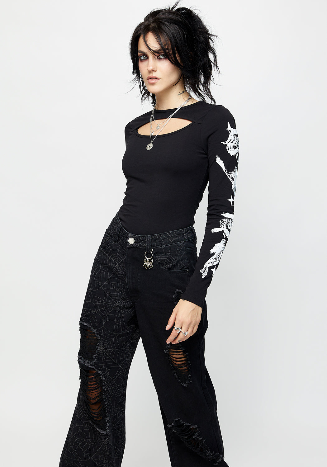 Black Graphic Long Sleeve T-Shirt with Cut-Out Detail | Wolfsbane