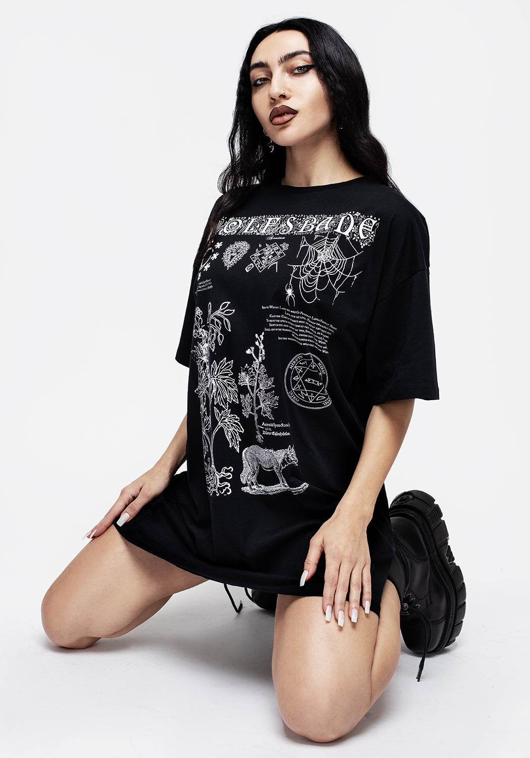 Black Graphic Print T-Shirt Dress with Wolfsbane Design | Oversized Fit