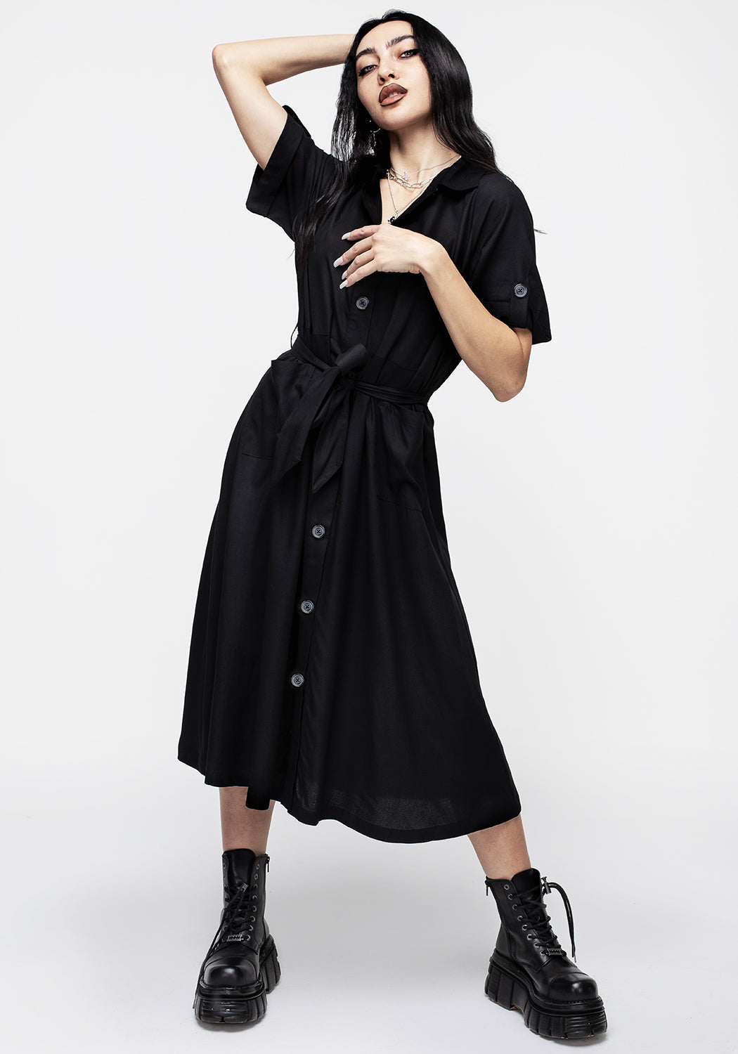 Black Midi Shirt Dress with Belt & Pockets | Maidenhair