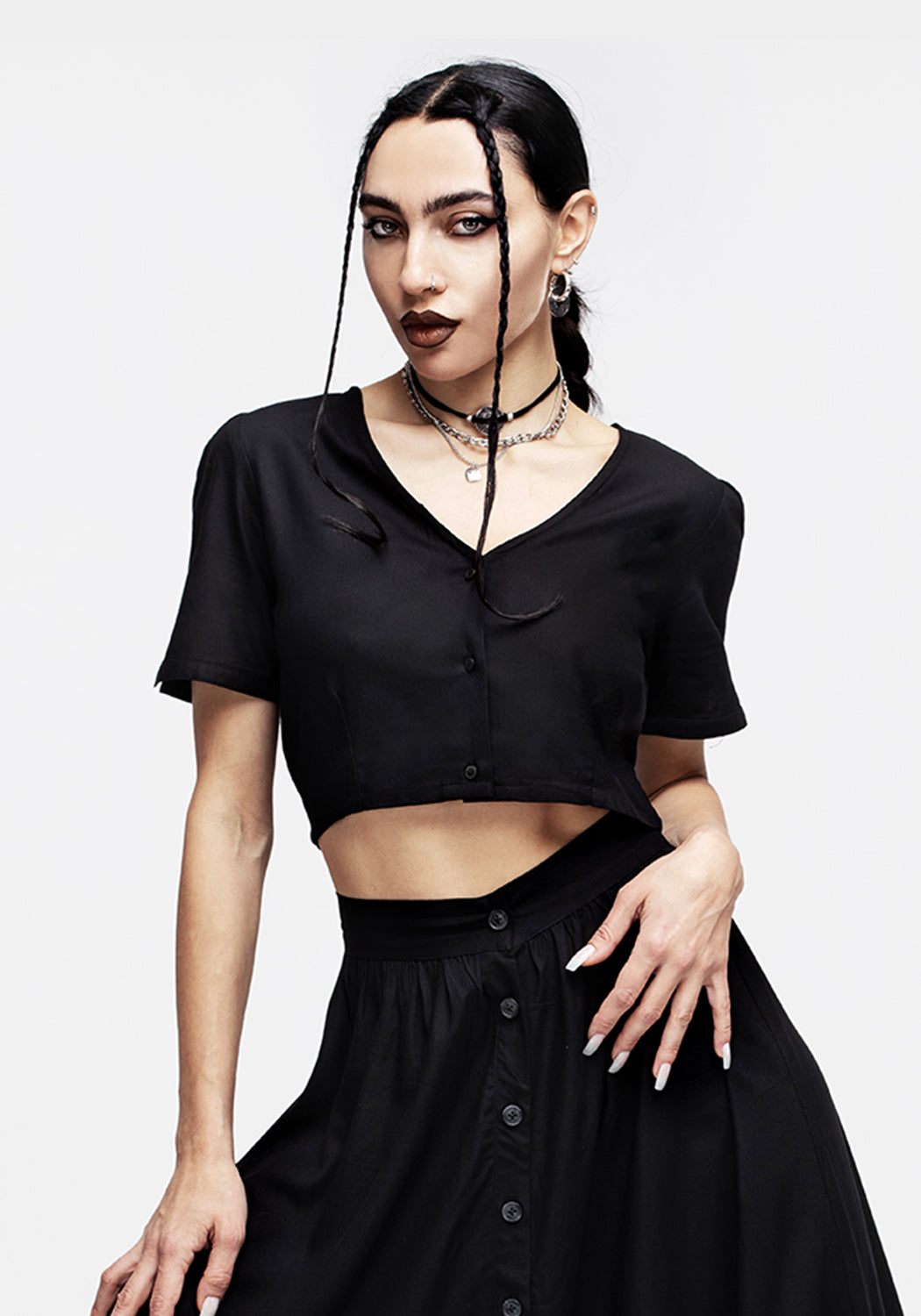 Black Button Down Crop Top with V-Neck & Short Sleeves | Realm