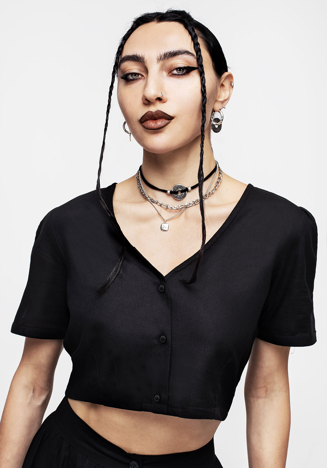 Black Button Down Crop Top with V-Neck & Short Sleeves | Realm
