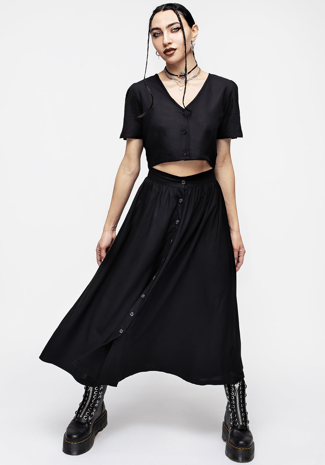 Black Button Down Crop Top with V-Neck & Short Sleeves | Realm
