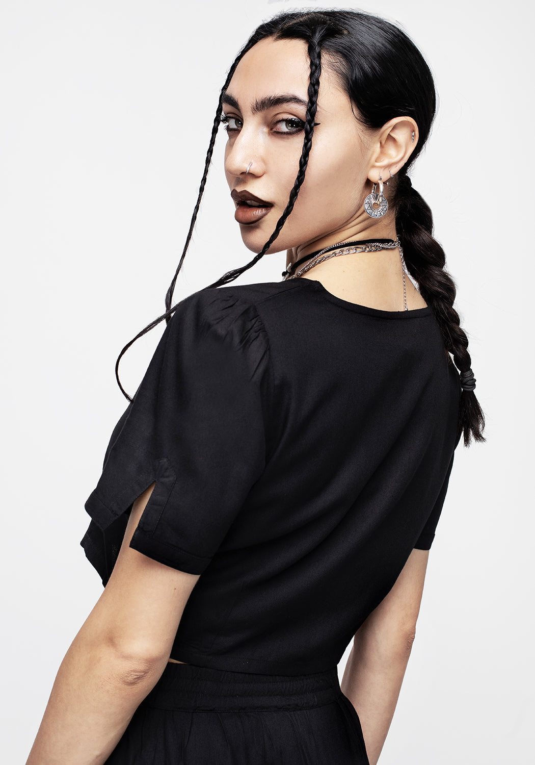 Black Button Down Crop Top with V-Neck & Short Sleeves | Realm