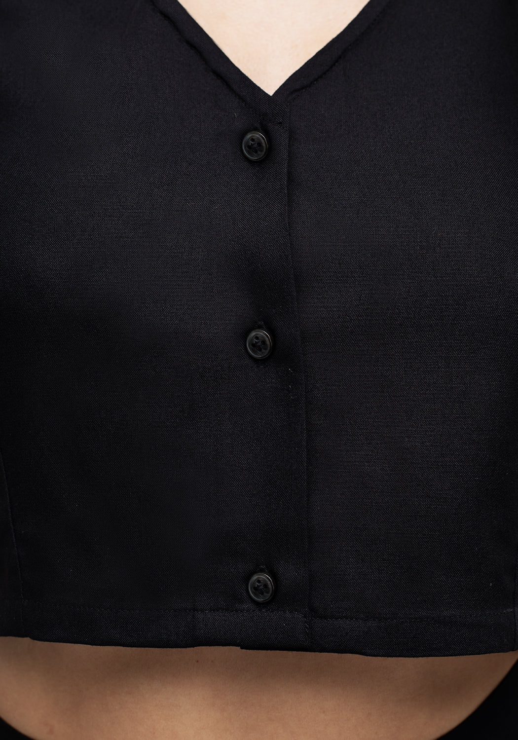 Black Button Down Crop Top with V-Neck & Short Sleeves | Realm