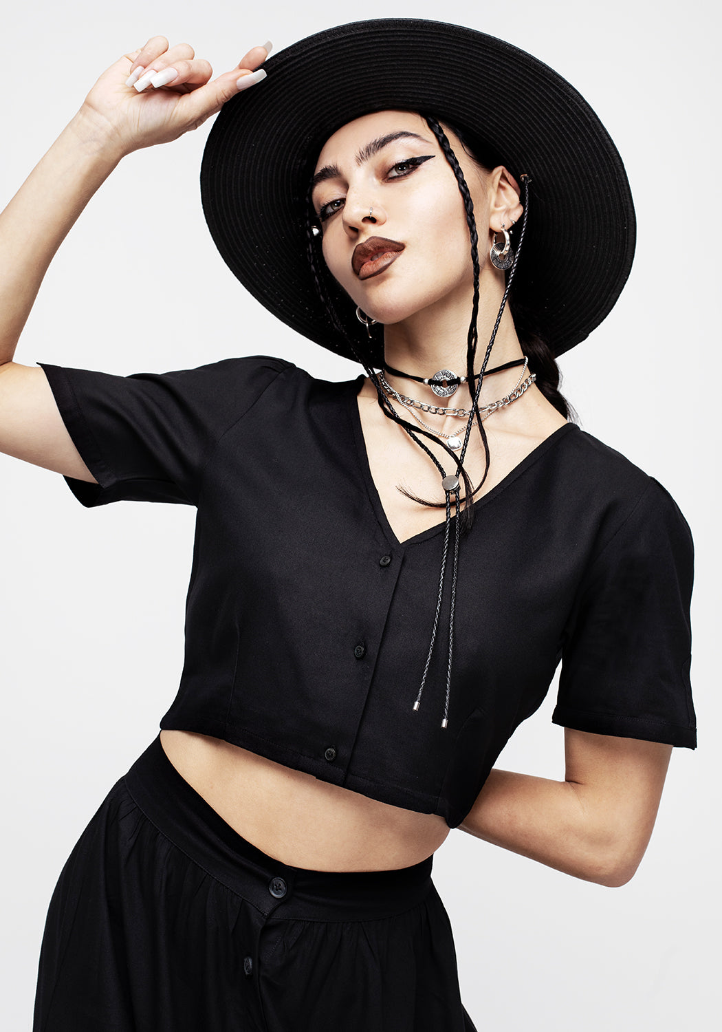 Black Button Down Crop Top with V-Neck & Short Sleeves | Realm